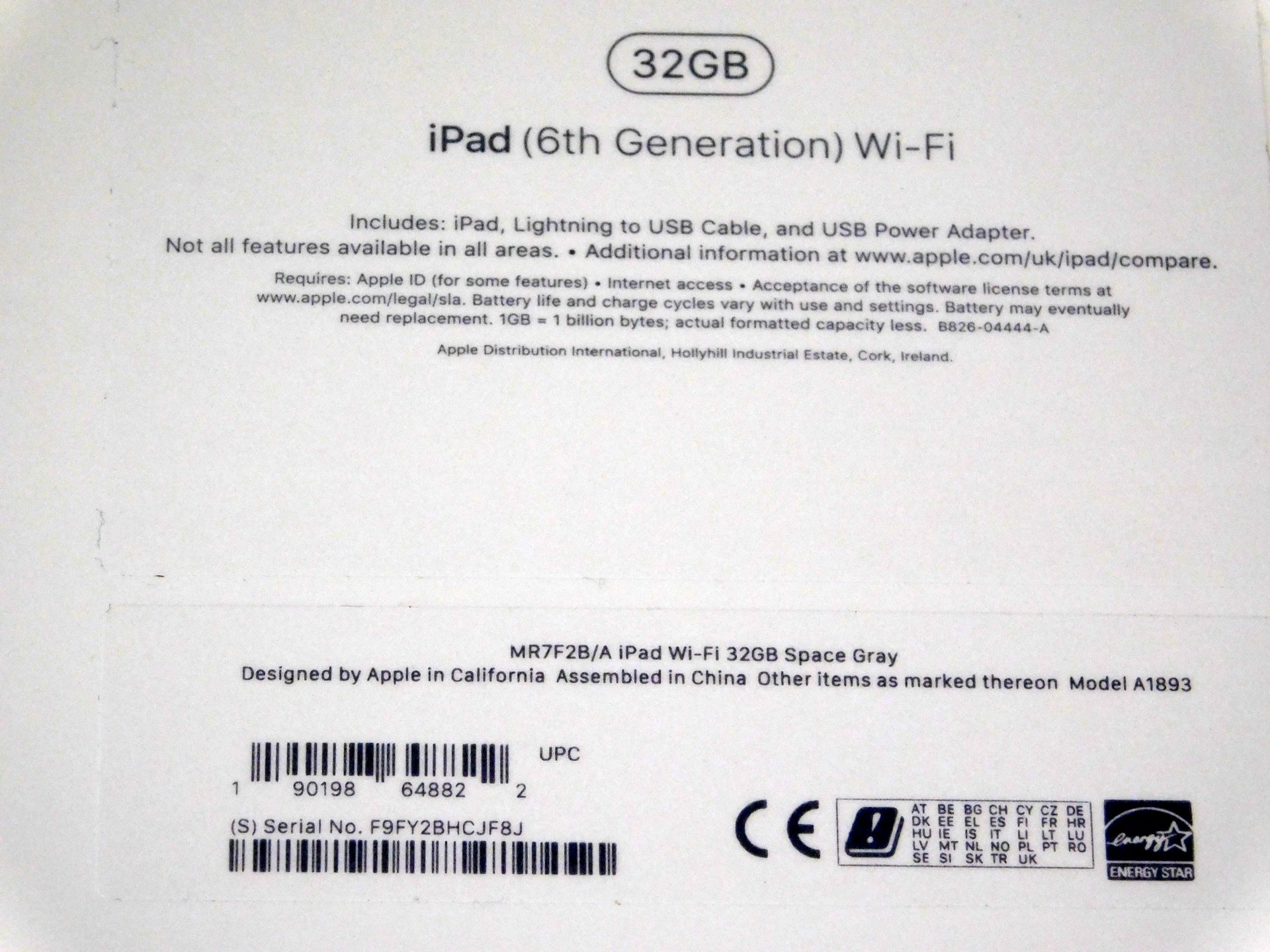 Apple A1893 iPad, 6th Gen, 32GB, Space Grey, Serial Number: F9FY2BHCJF8J, (New in Box) (Located - Image 2 of 2