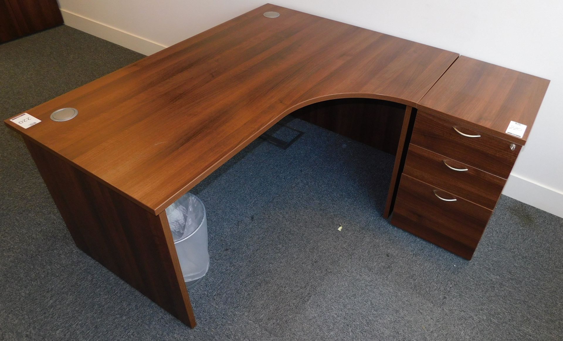 American Walnut Effect Shaped Workstation 160cm x 120cm with Matching 3-Drawer Pedestal (Located - Image 2 of 2