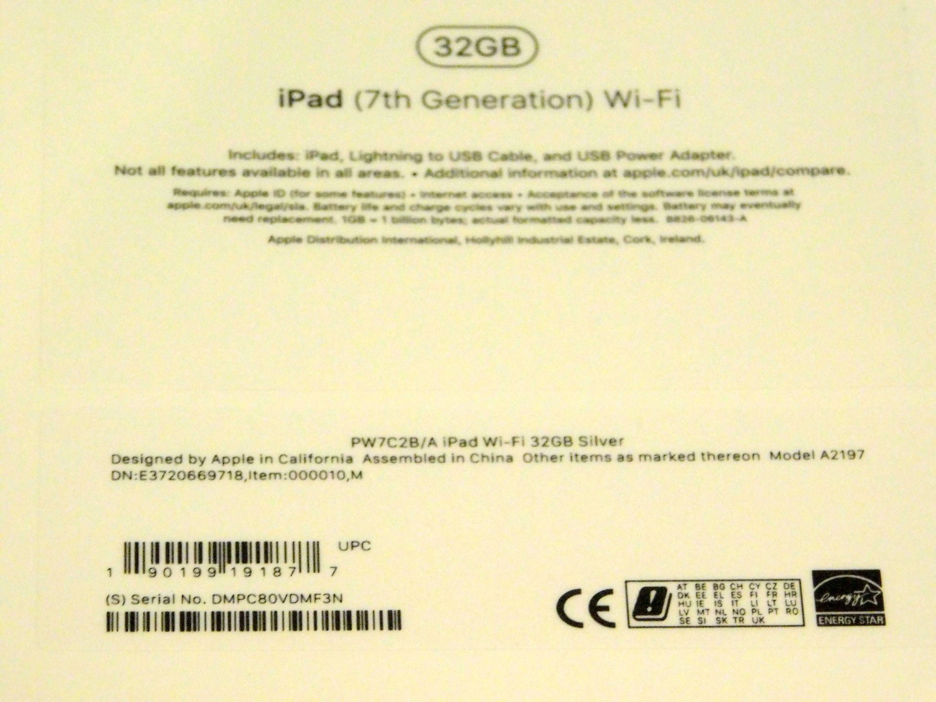 Apple A2197 iPad, 7th Gen, 32GB, Silver, Serial Number: DMPC80VDMF3N, (New in Sealed Box) (Located - Image 2 of 2