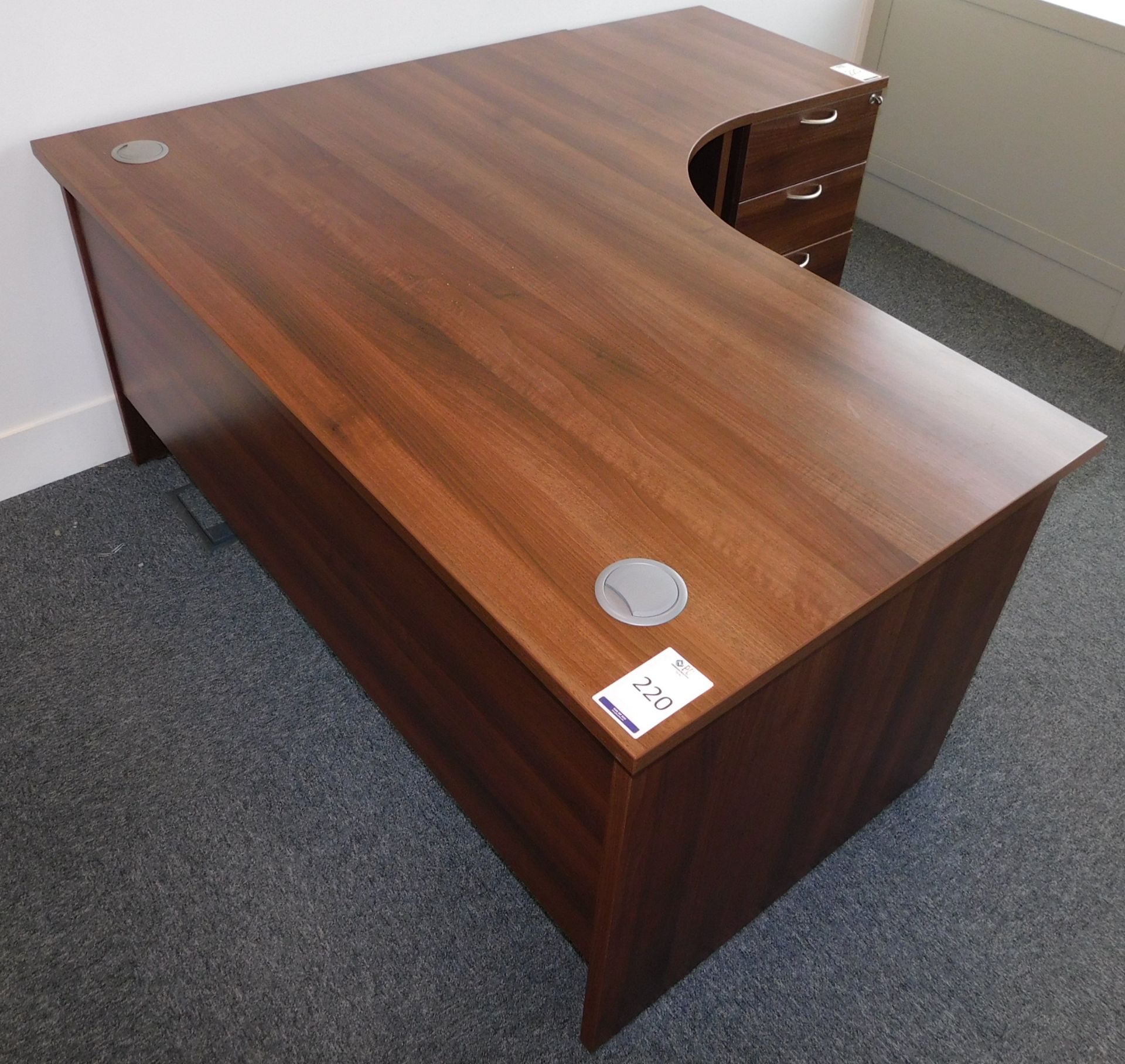American Walnut Effect Shaped Workstation 160cm x 120cm with Matching 3-Drawer Pedestal (Located