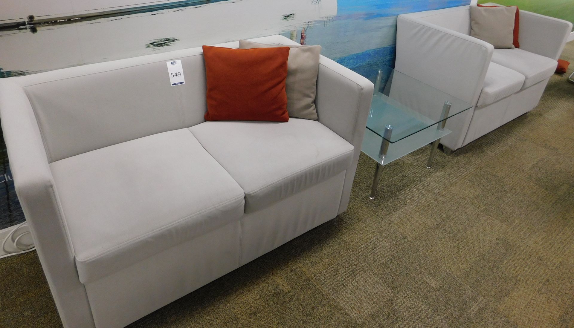 2 Jack Twin Seat Sofas, 120cm x 65cm, a Plate Glass Coffee Table & 4 Scatter Cushions (Located