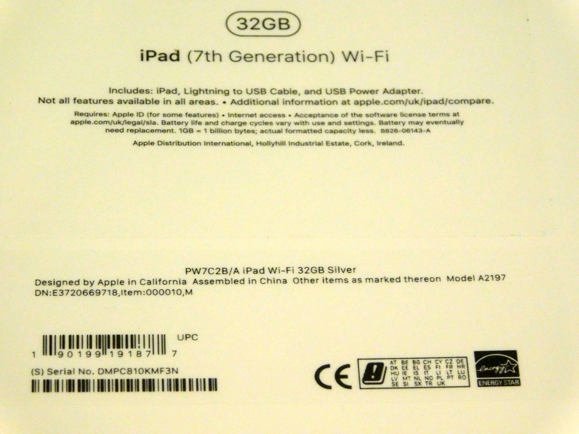 Apple A2197 iPad, 7th Gen, 32GB, Silver, Serial Number: DMPC810KMF3N, (New in Sealed Box) (Located - Image 2 of 2