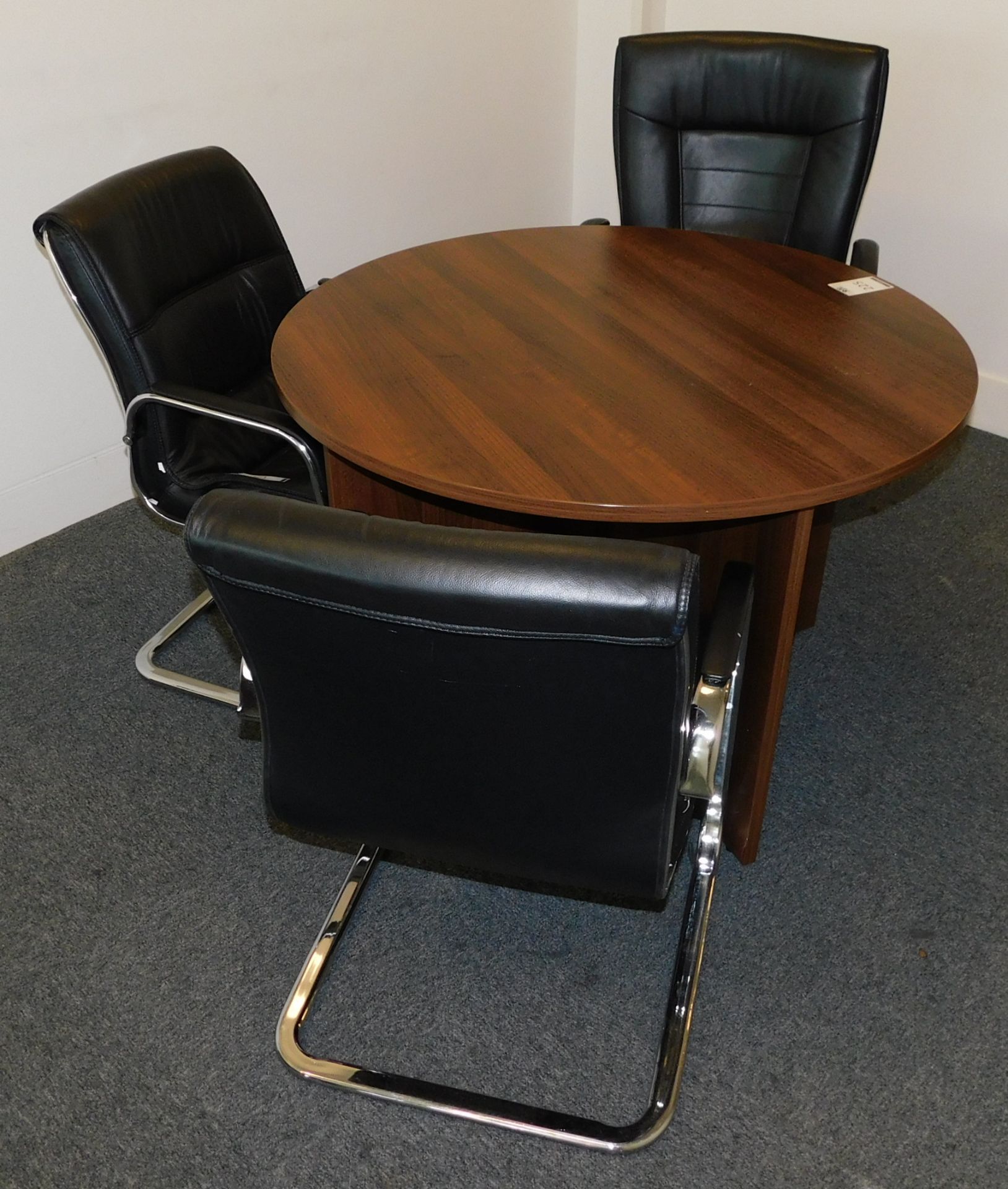 American Walnut Effect Meeting Table 110cm dia, with 3 Leather Effect Chrome Framed Cantilever - Image 2 of 2