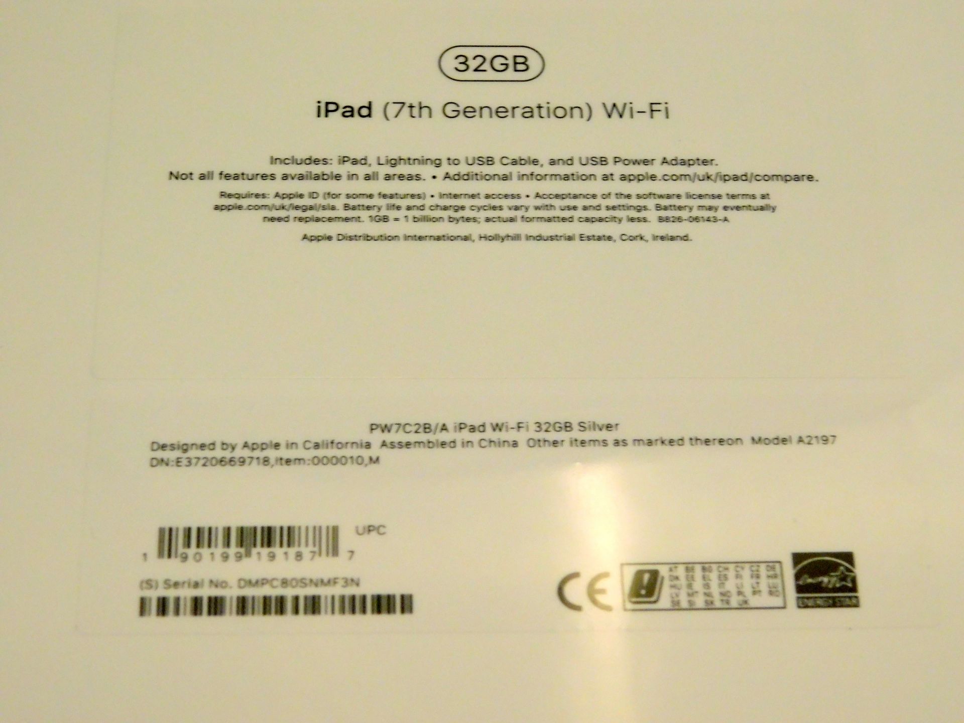 Apple A2197 iPad, 7th Gen, 32GB, Silver, Serial Number: DMPC80SNMF3N, (New in Sealed Box) (Located - Image 2 of 2