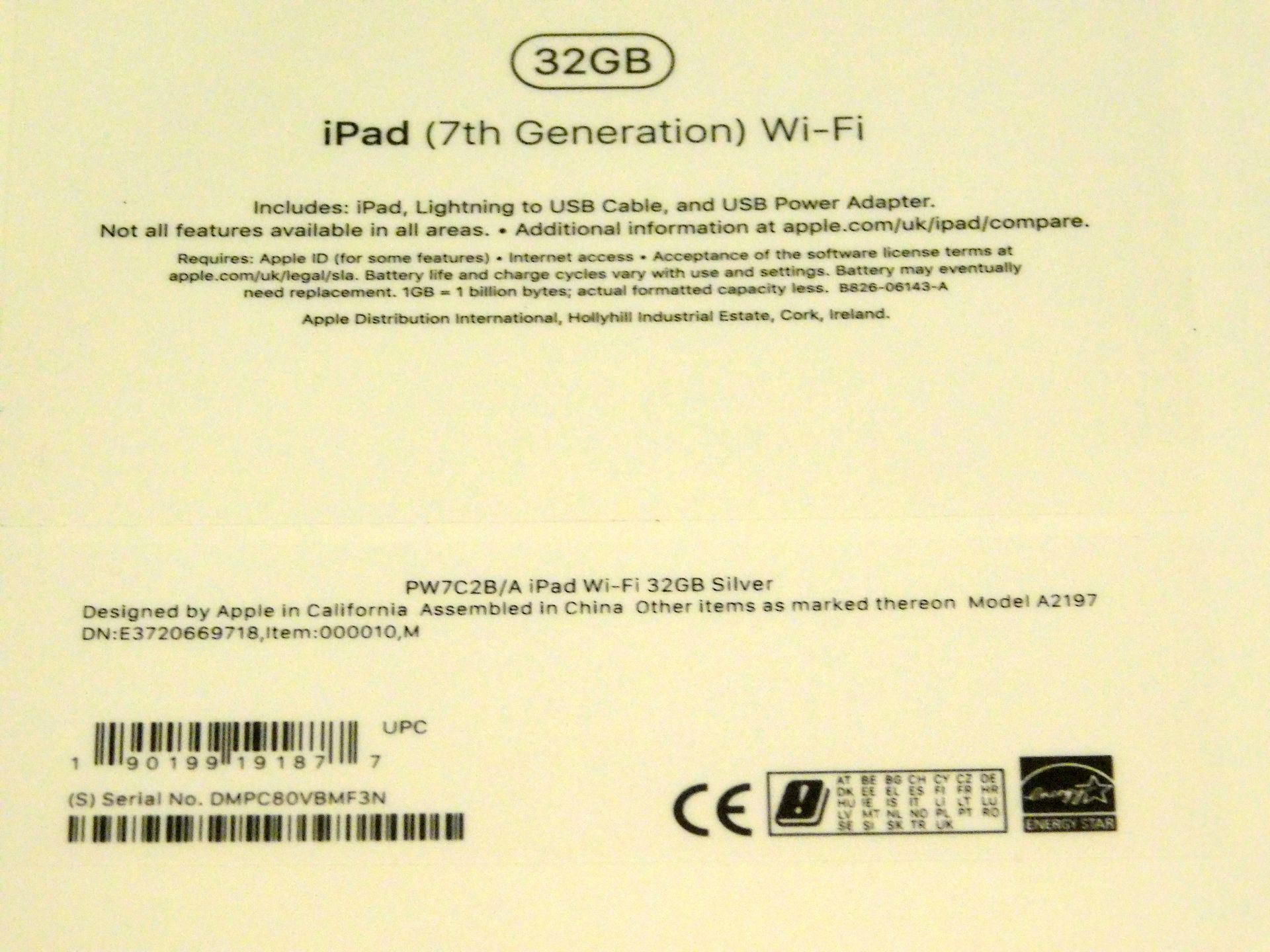 Apple A2197 iPad, 7th Gen, 32GB, Silver, Serial Number: DMPC80VBMF3N, (New in Sealed Box) (Located - Image 2 of 2