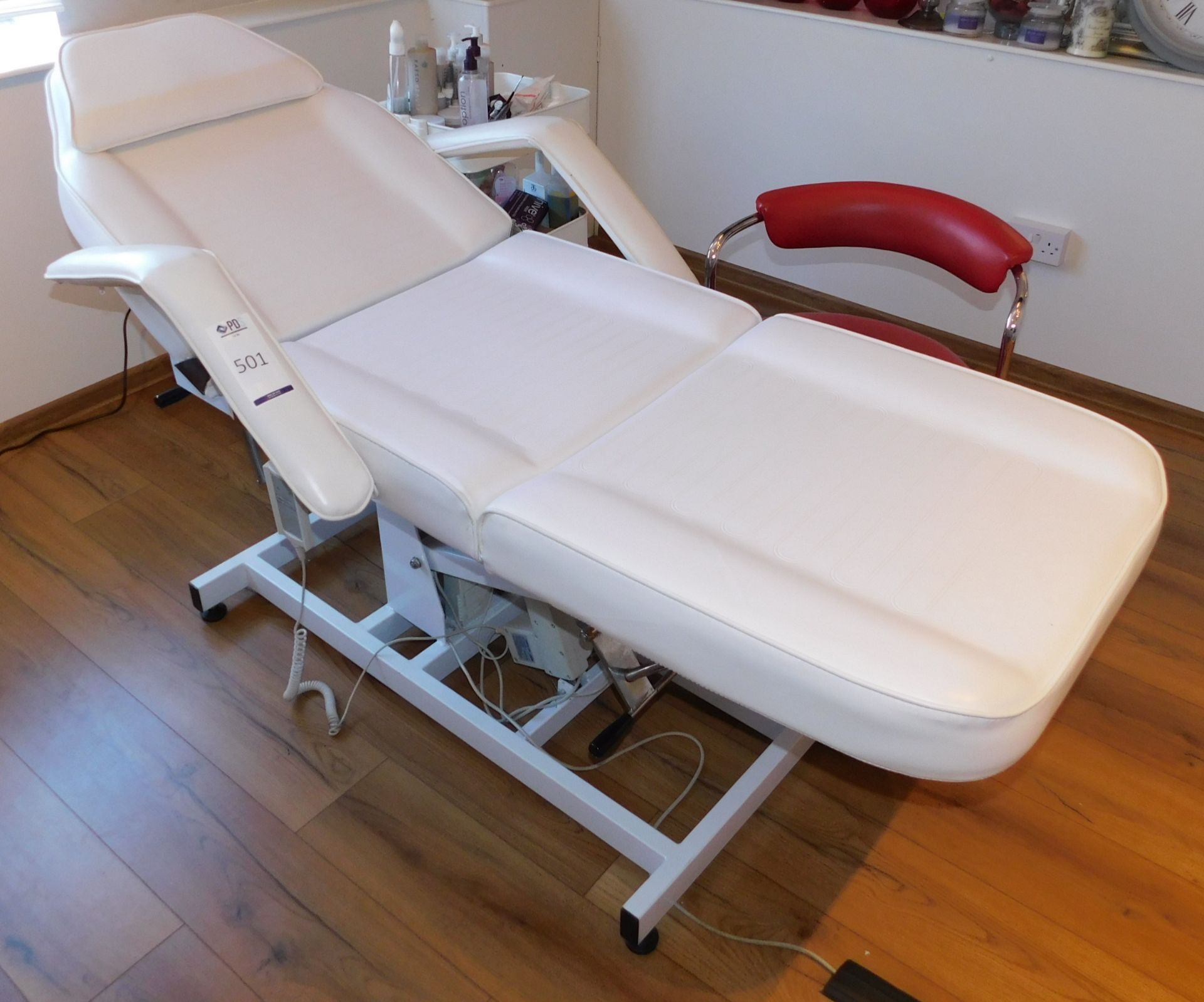 White Leather Treatment Bed & Trolley of Assorted Consumables (Located Corby – See General Notes for