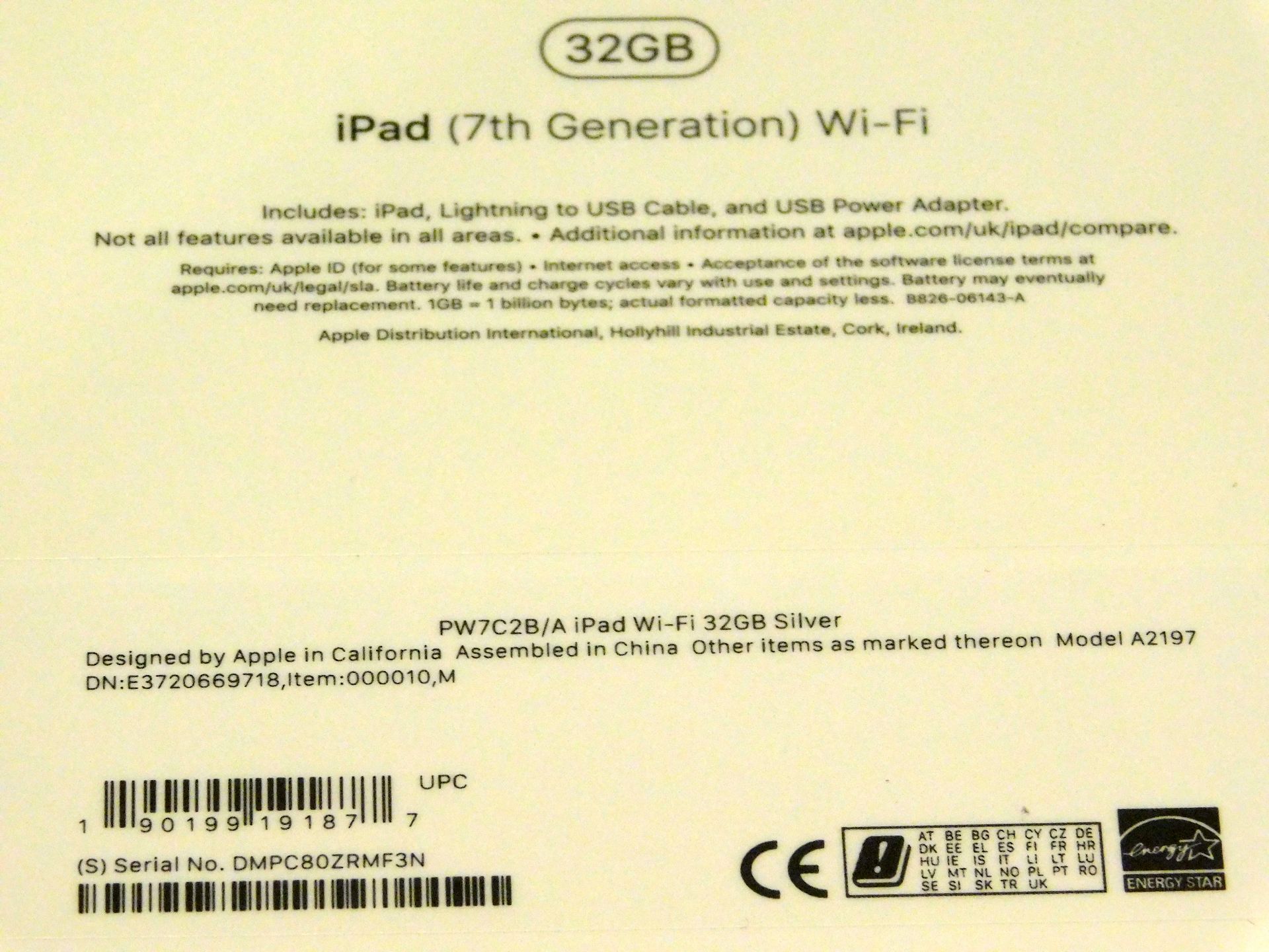 Apple A2197 iPad, 7th Gen, 32GB, Silver, Serial Number: DMPC80ZRMF3N, (New in Sealed Box) (Located - Image 2 of 2