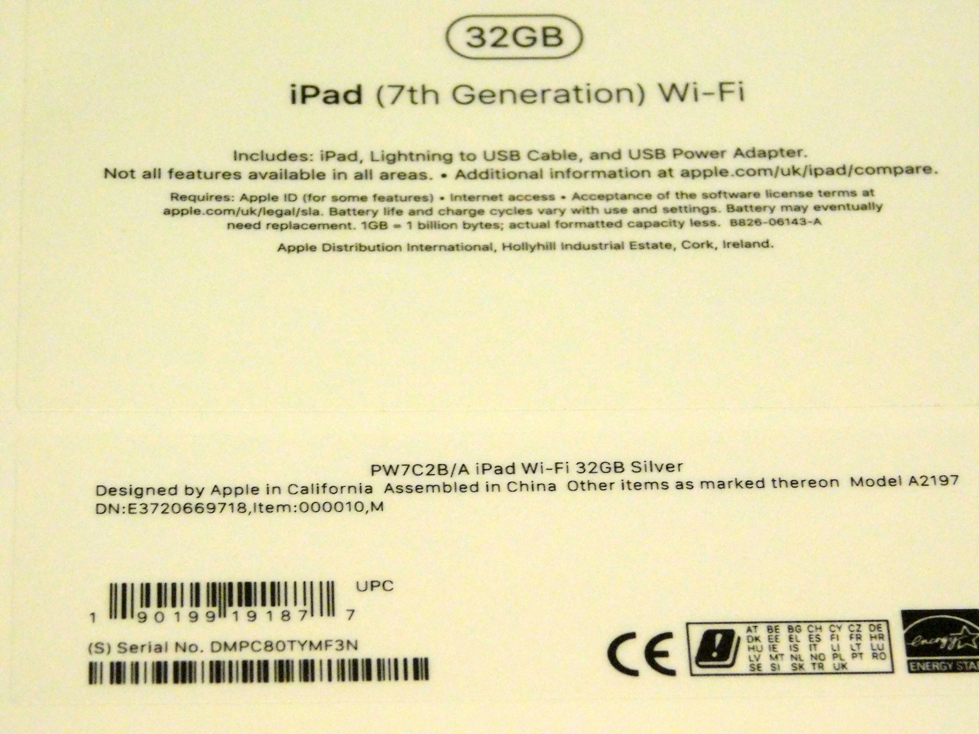 Apple A2197 iPad, 7th Gen, 32GB, Silver, Serial Number: DMPC80TYMF3N, (New in Sealed Box) (Located - Image 2 of 2