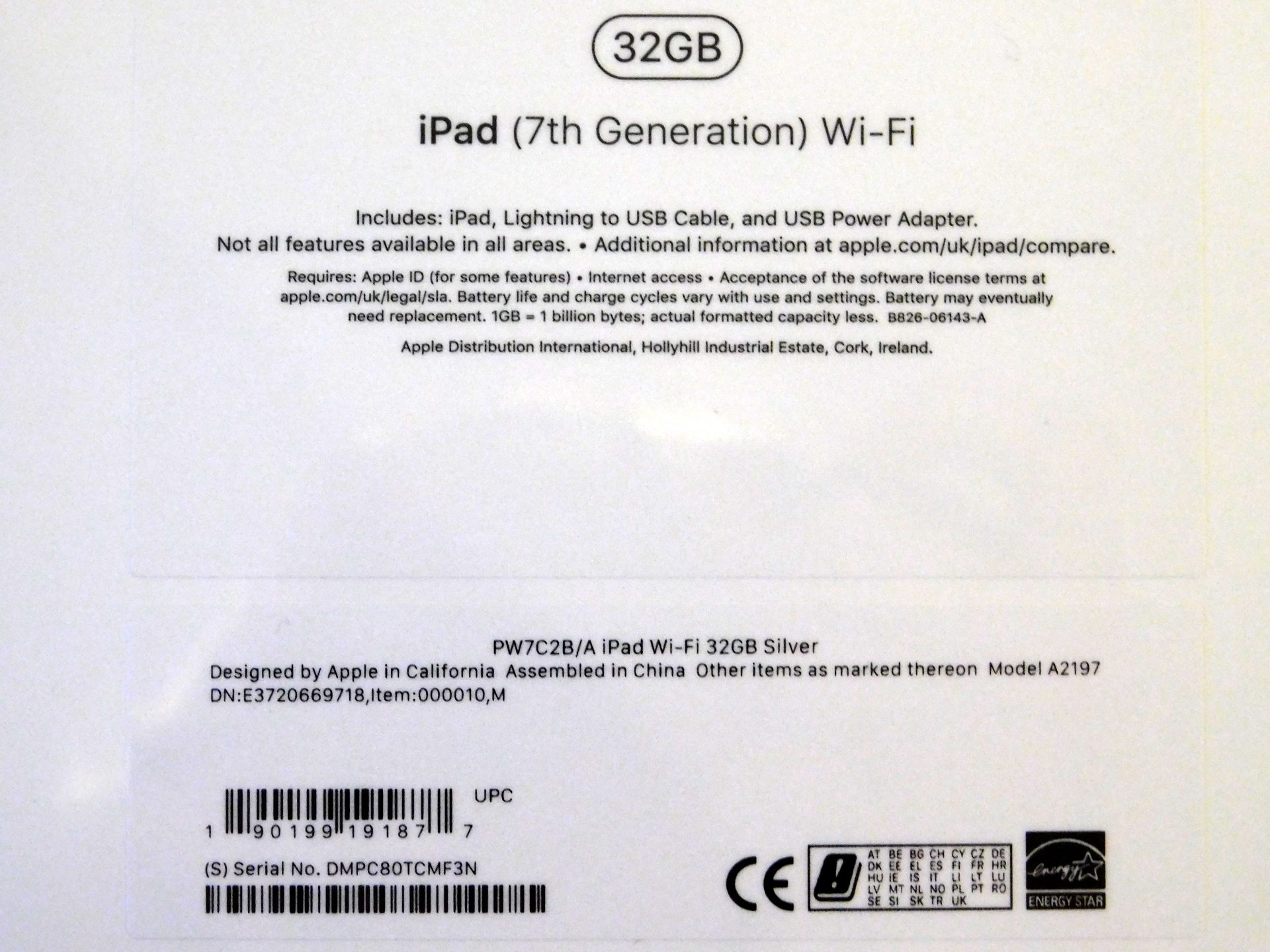 Apple A2197 iPad, 7th Gen, 32GB, Silver, Serial Number: DMPC80TCMF3N, (New in Sealed Box) (Located - Image 2 of 2