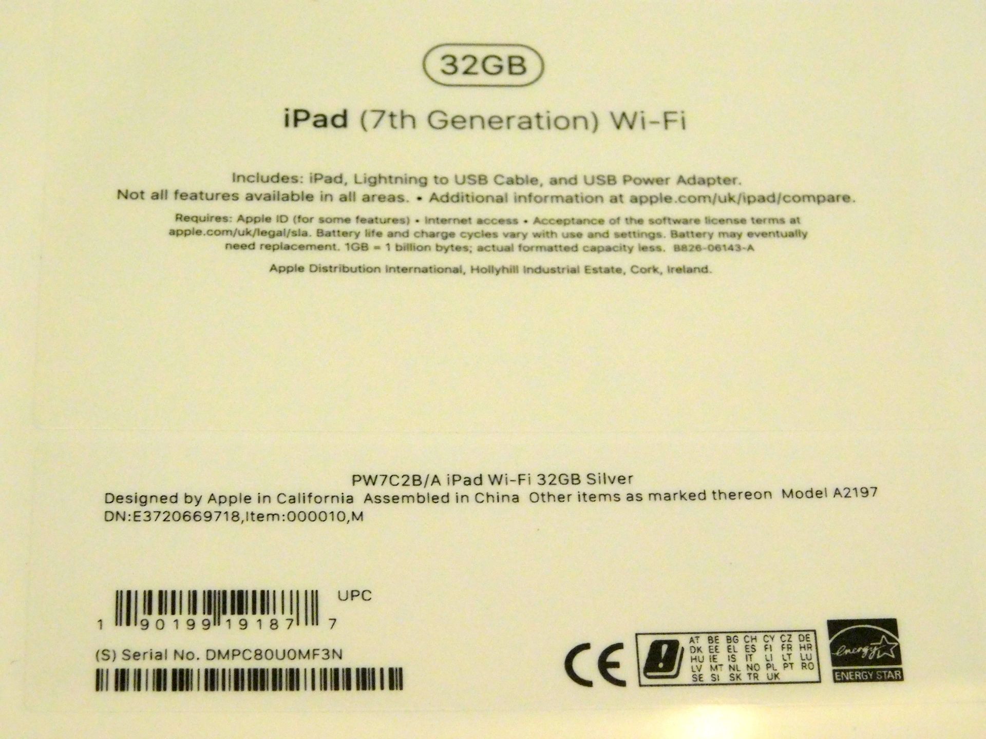 Apple A2197 iPad, 7th Gen, 32GB, Silver, Serial Number: DMPC80U0MF3N, (New in Sealed Box) (Located - Image 2 of 2