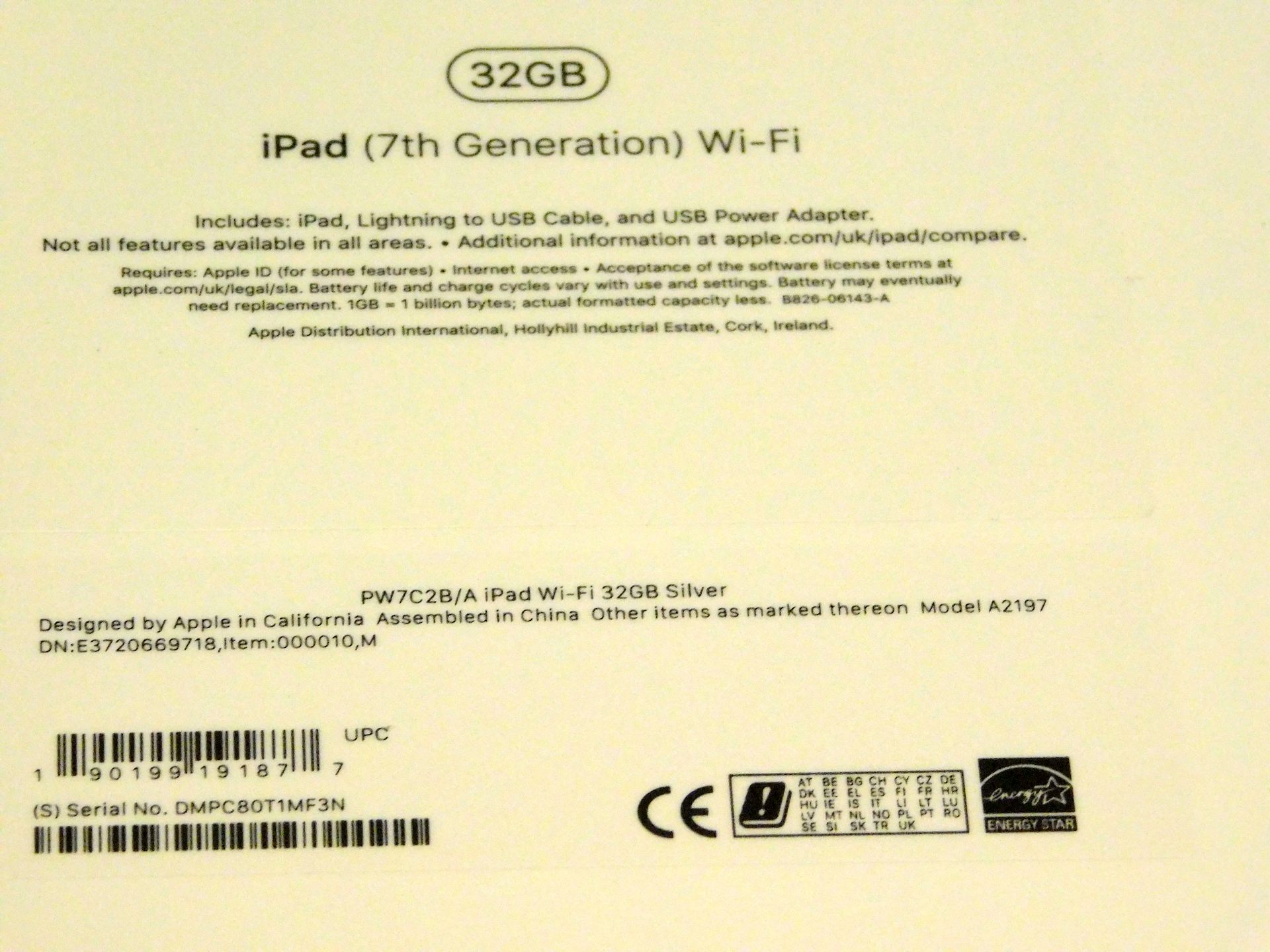 Apple A2197 iPad, 7th Gen, 32GB, Silver, Serial Number: DMPC80T1MF3N, (New in Sealed Box) (Located - Image 2 of 2