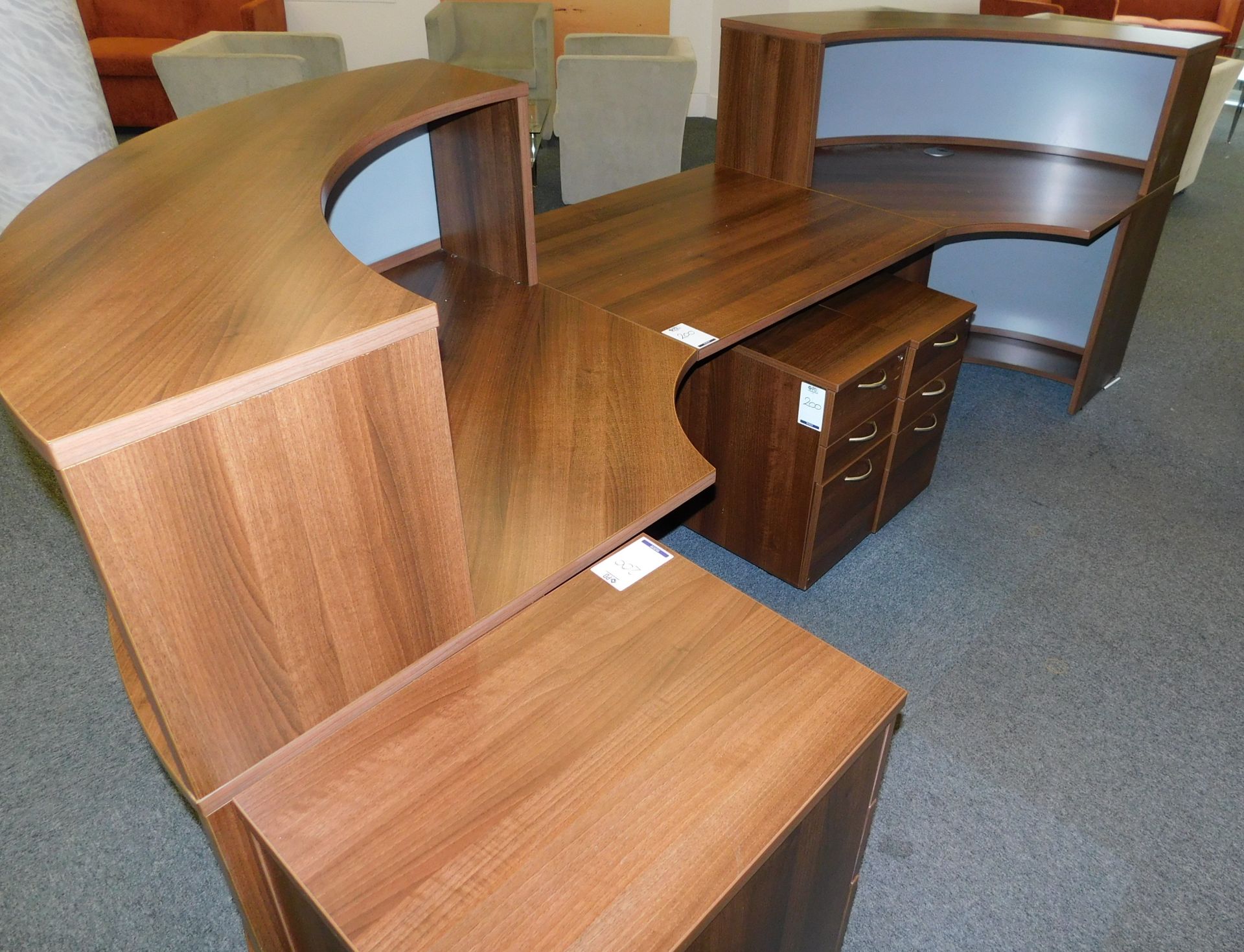 American Walnut Effect Demi-Lune Shaped Banded Reception Desk with three 3-Drawer pedestals (Located - Image 5 of 5