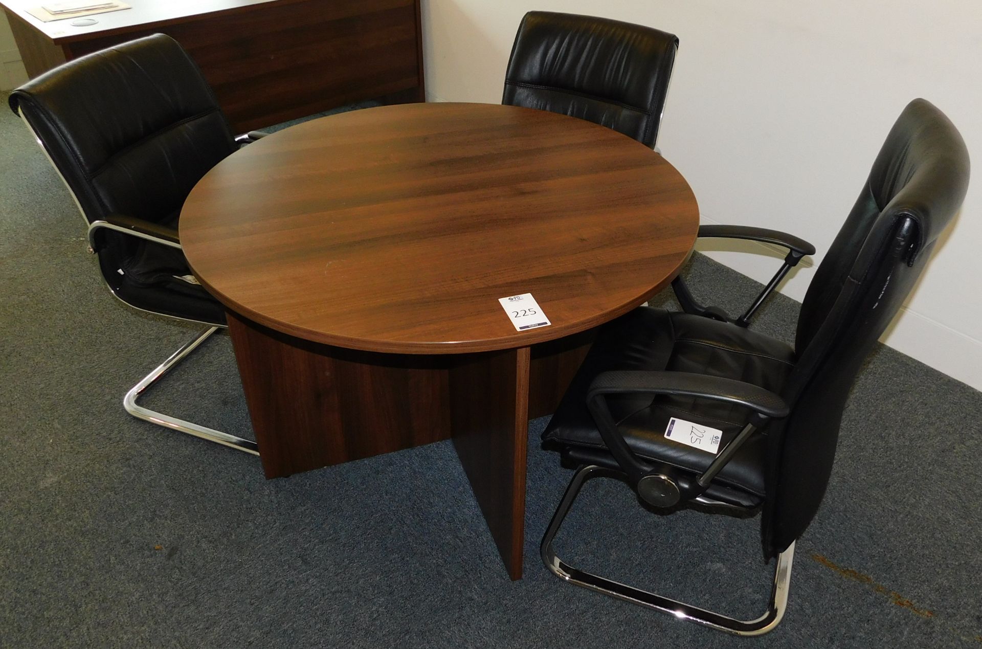 American Walnut Effect Meeting Table 110cm dia, with 3 Leather Effect Chrome Framed Cantilever