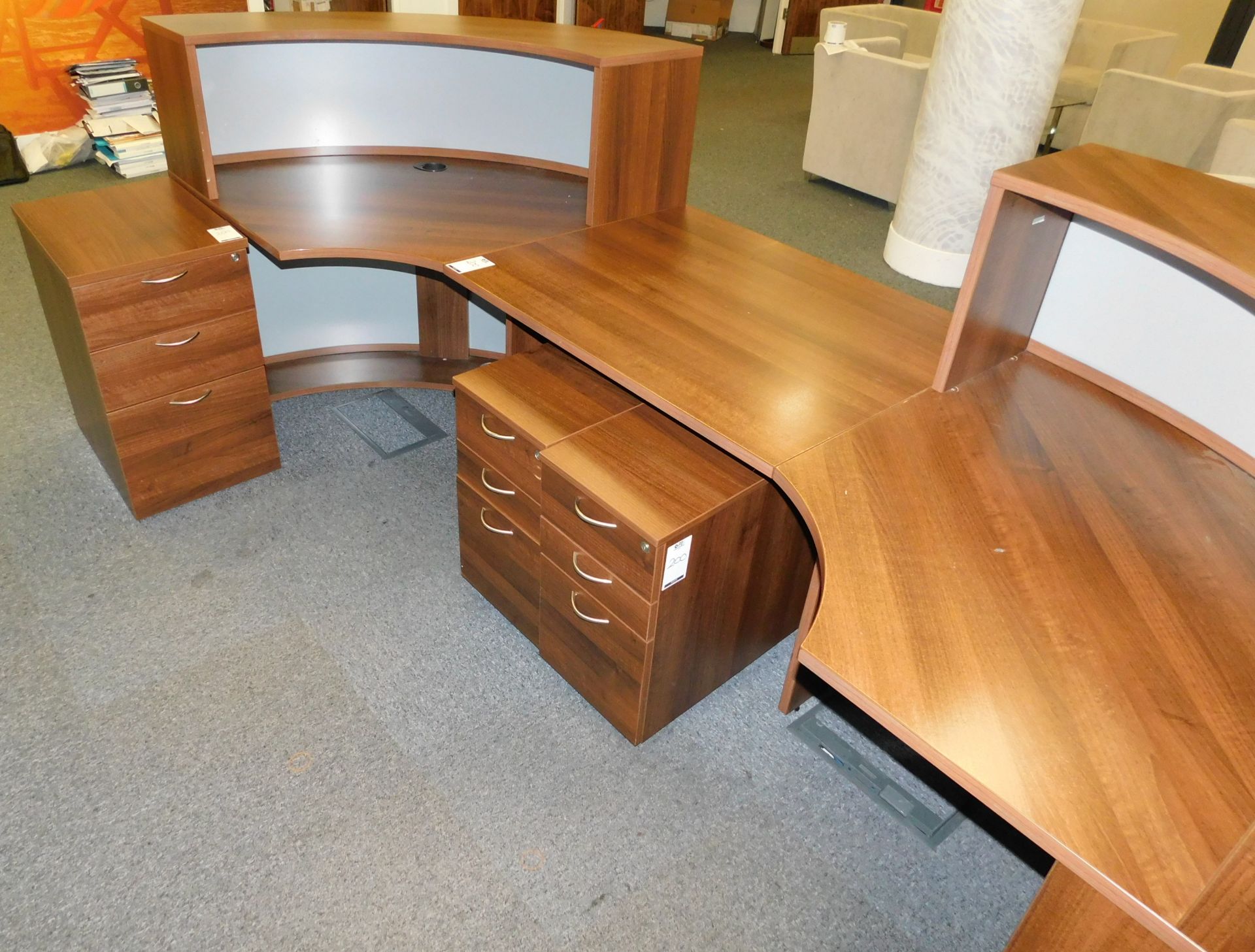 American Walnut Effect Demi-Lune Shaped Banded Reception Desk with three 3-Drawer pedestals (Located - Image 4 of 5
