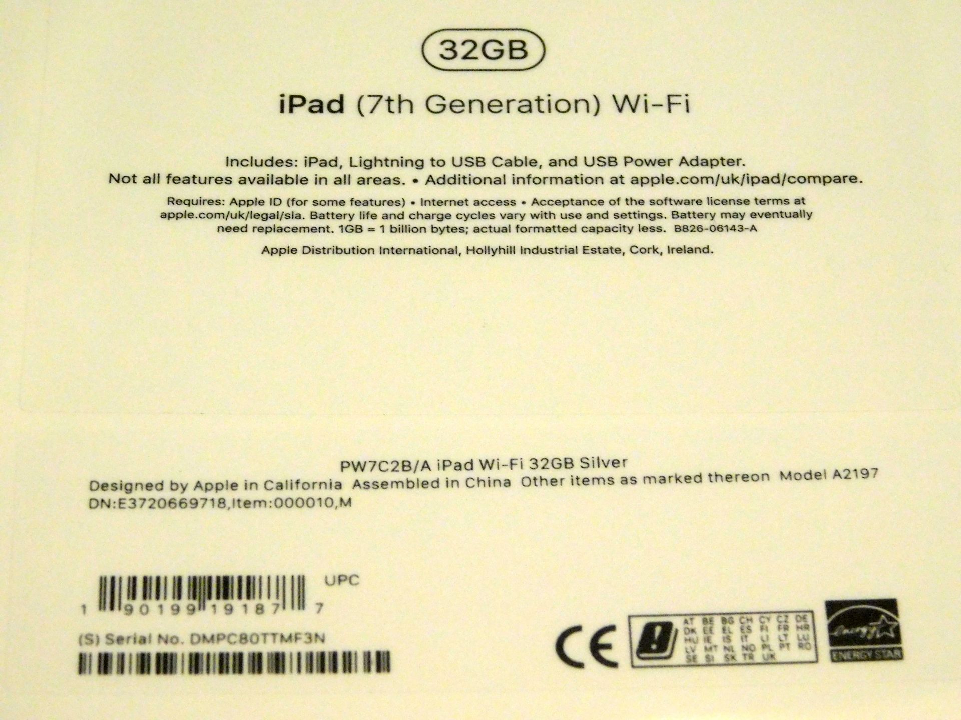 Apple A2197 iPad, 7th Gen, 32GB, Silver, Serial Number: DMPC80TTMF3N, (New in Sealed Box) (Located - Image 2 of 2