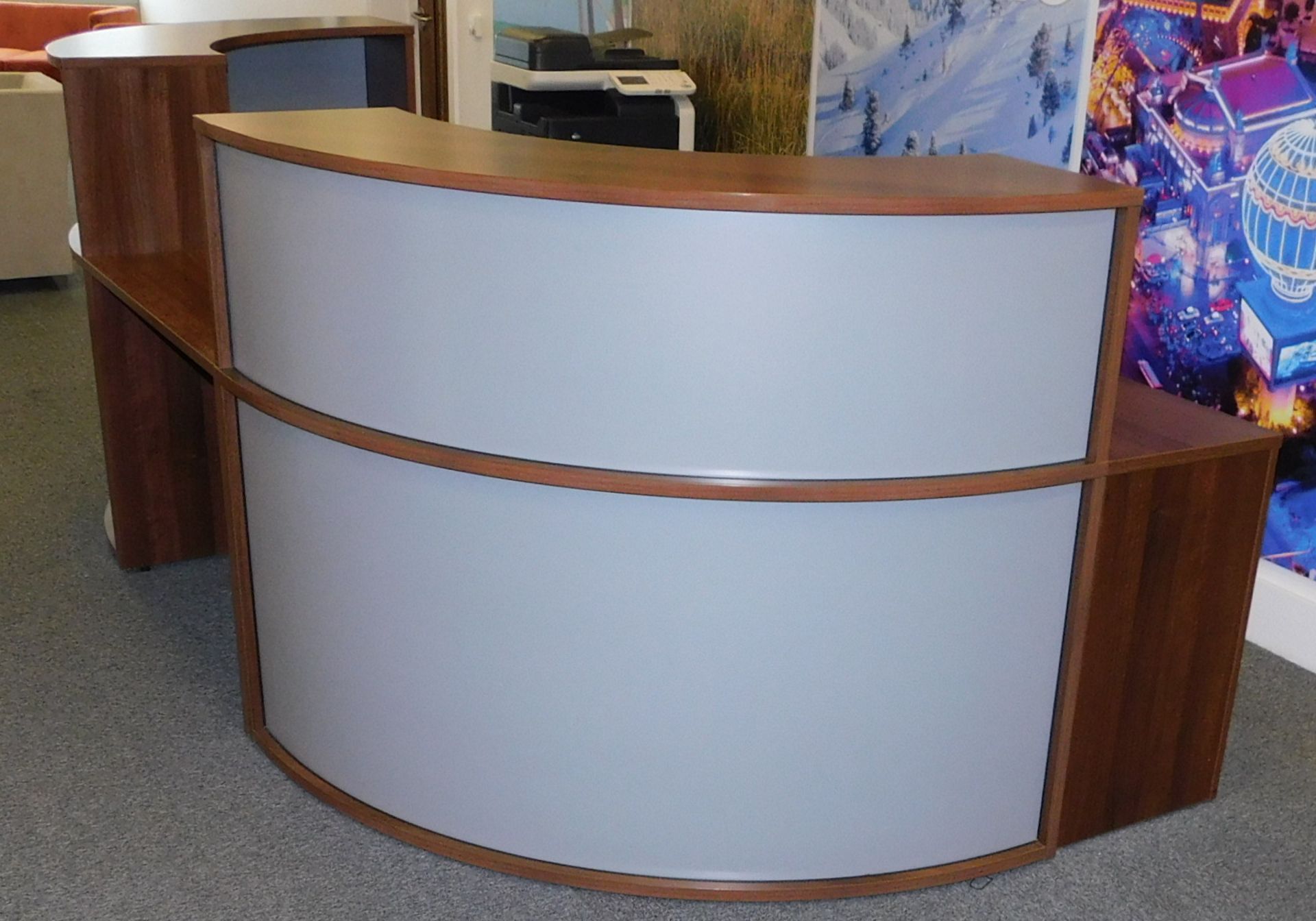 American Walnut Effect Demi-Lune Shaped Banded Reception Desk with three 3-Drawer pedestals (Located - Image 3 of 5