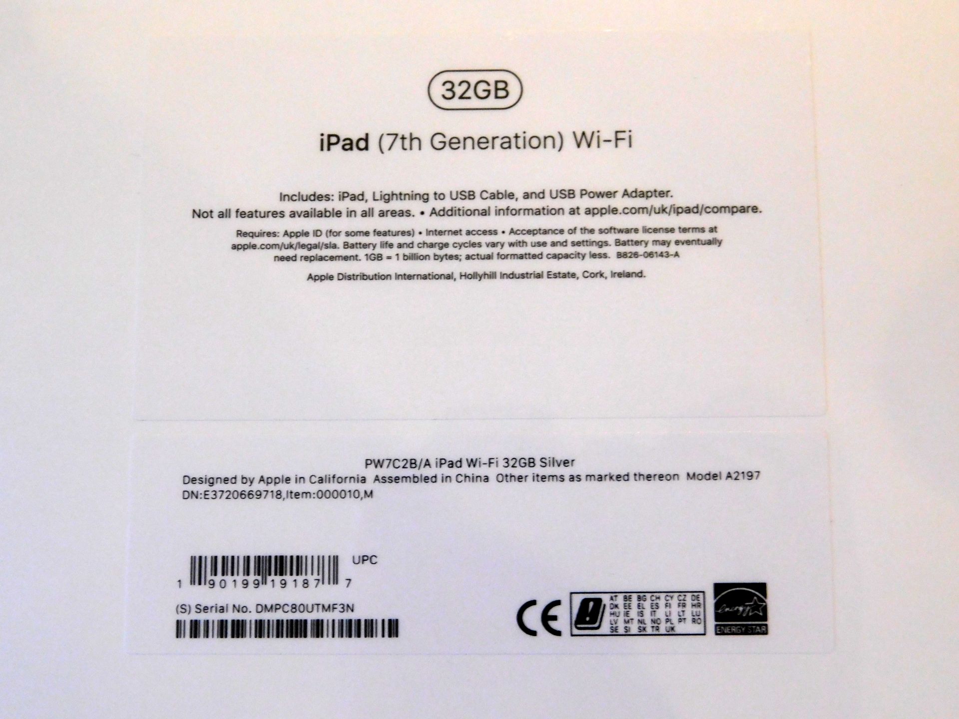 Apple A2197 iPad, 7th Gen, 32GB, Silver, Serial Number: DMPC80UTMF3N, (New in Sealed Box) (Located - Image 2 of 2