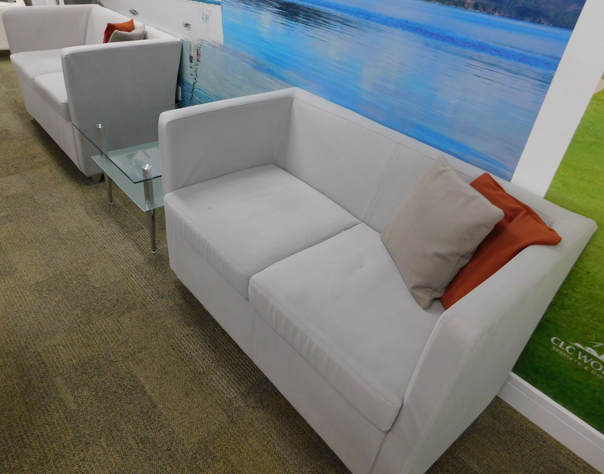 2 Jack Twin Seat Sofas, 120cm x 65cm, a Plate Glass Coffee Table & 4 Scatter Cushions (Located - Image 2 of 2