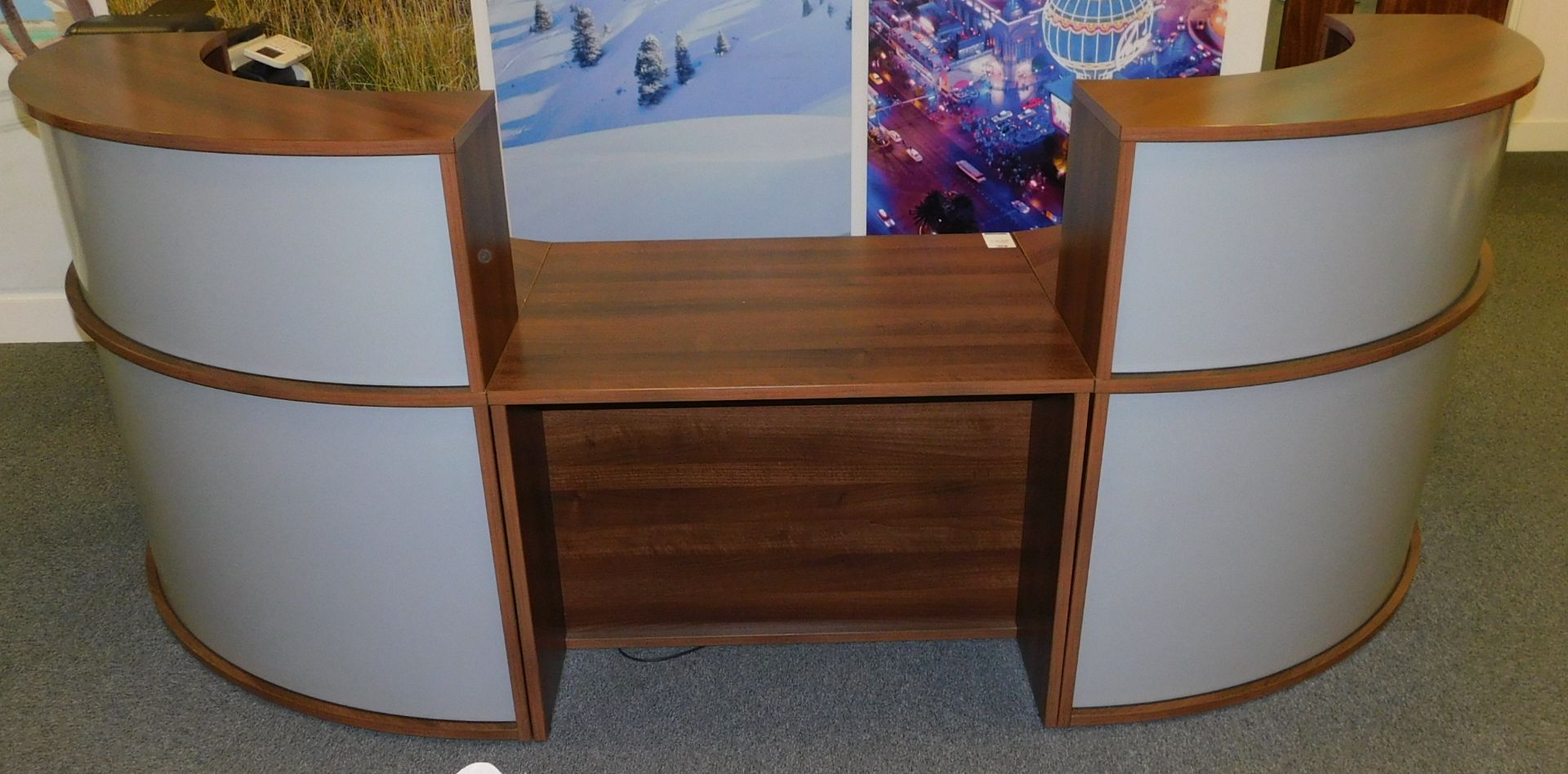 American Walnut Effect Demi-Lune Shaped Banded Reception Desk with three 3-Drawer pedestals (Located - Image 2 of 5