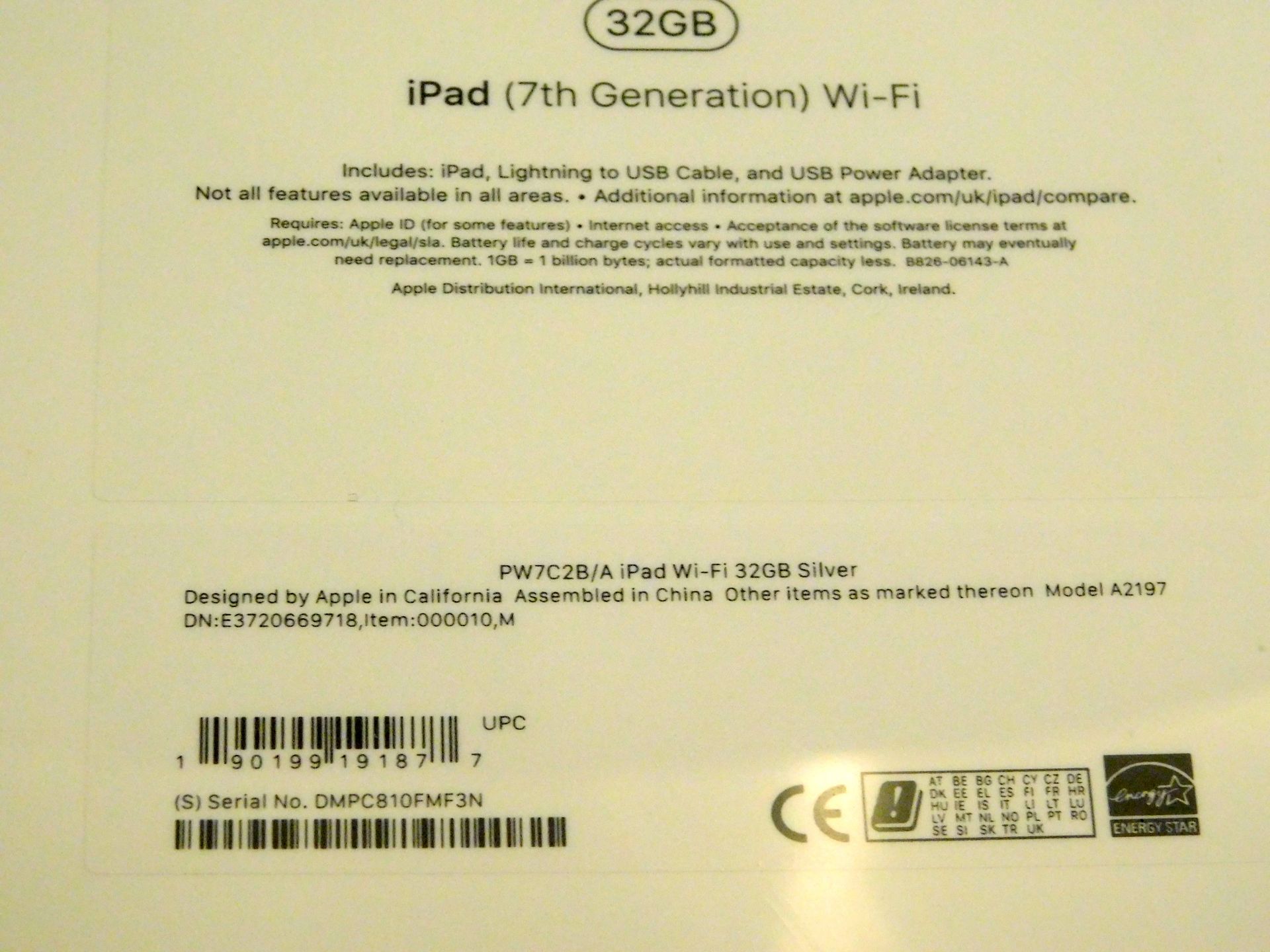 Apple A2197 iPad, 7th Gen, 32GB, Silver, Serial Number: DMPC810FMF3N, (New in Sealed Box) (Located - Image 2 of 2