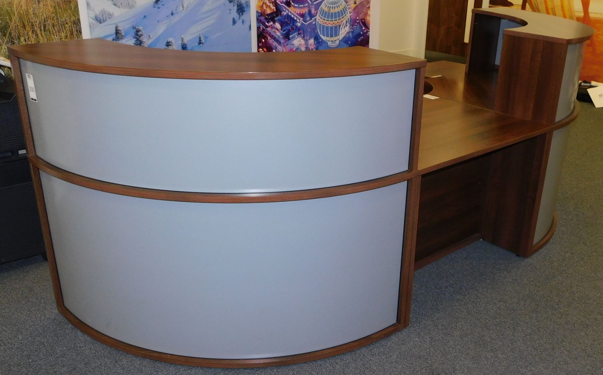 American Walnut Effect Demi-Lune Shaped Banded Reception Desk with three 3-Drawer pedestals (Located