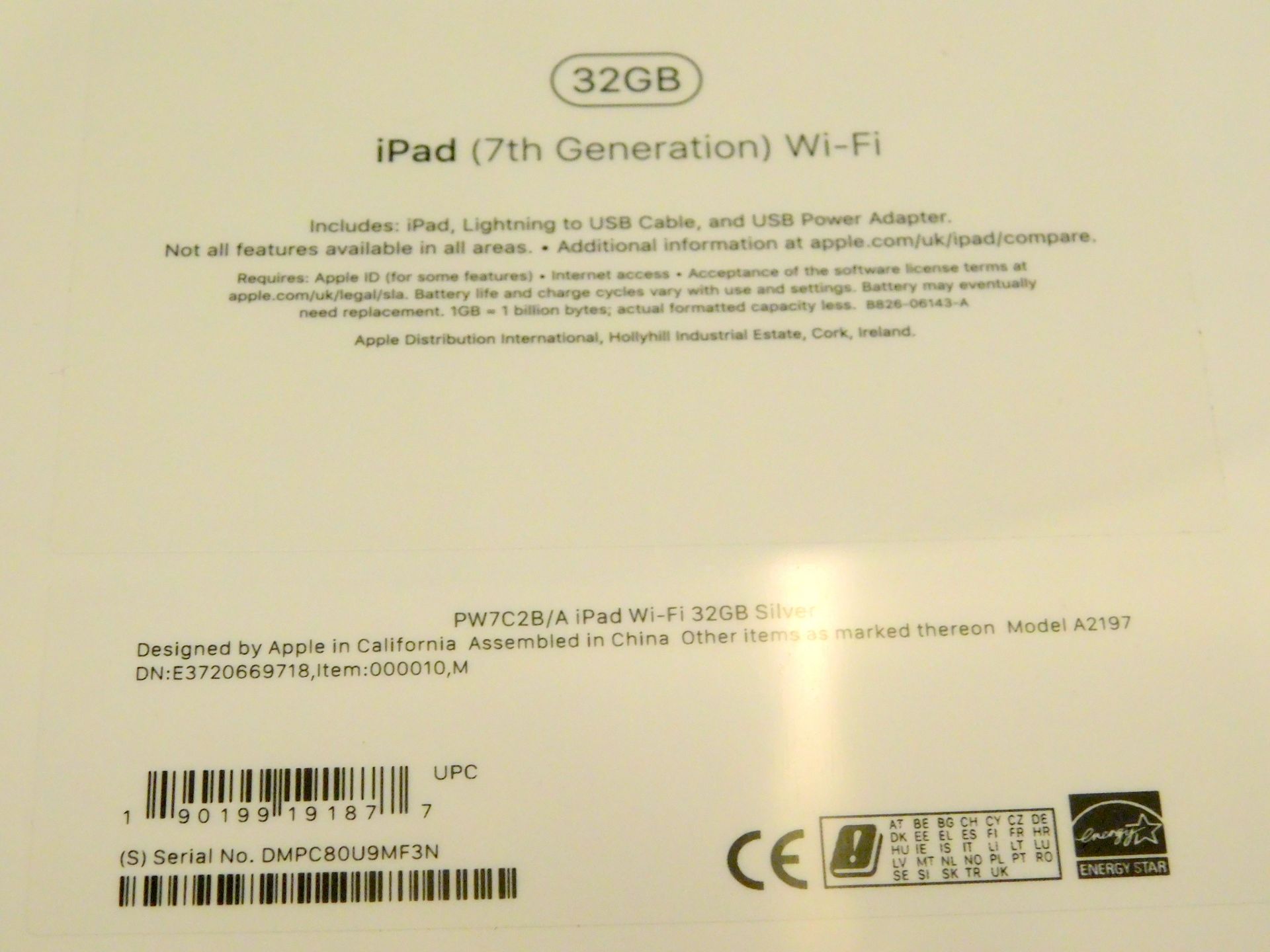 Apple A2197 iPad, 7th Gen, 32GB, Silver, Serial Number: DMPC80U9MF3N, (New in Sealed Box) (Located - Image 2 of 2