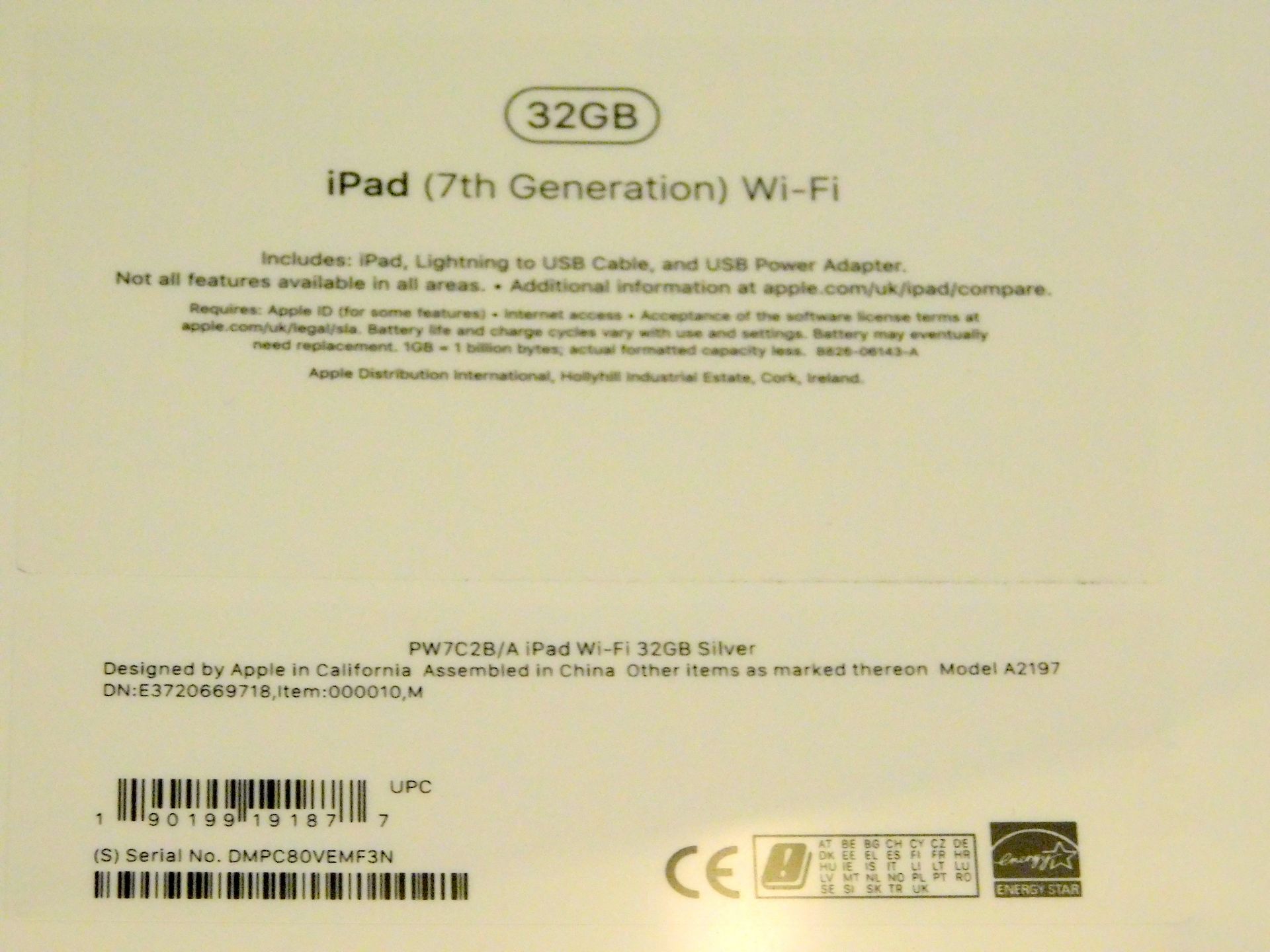 Apple A2197 iPad, 7th Gen, 32GB, Silver, Serial Number: DMPC80VEMF3N, (New in Sealed Box) (Located - Image 2 of 2