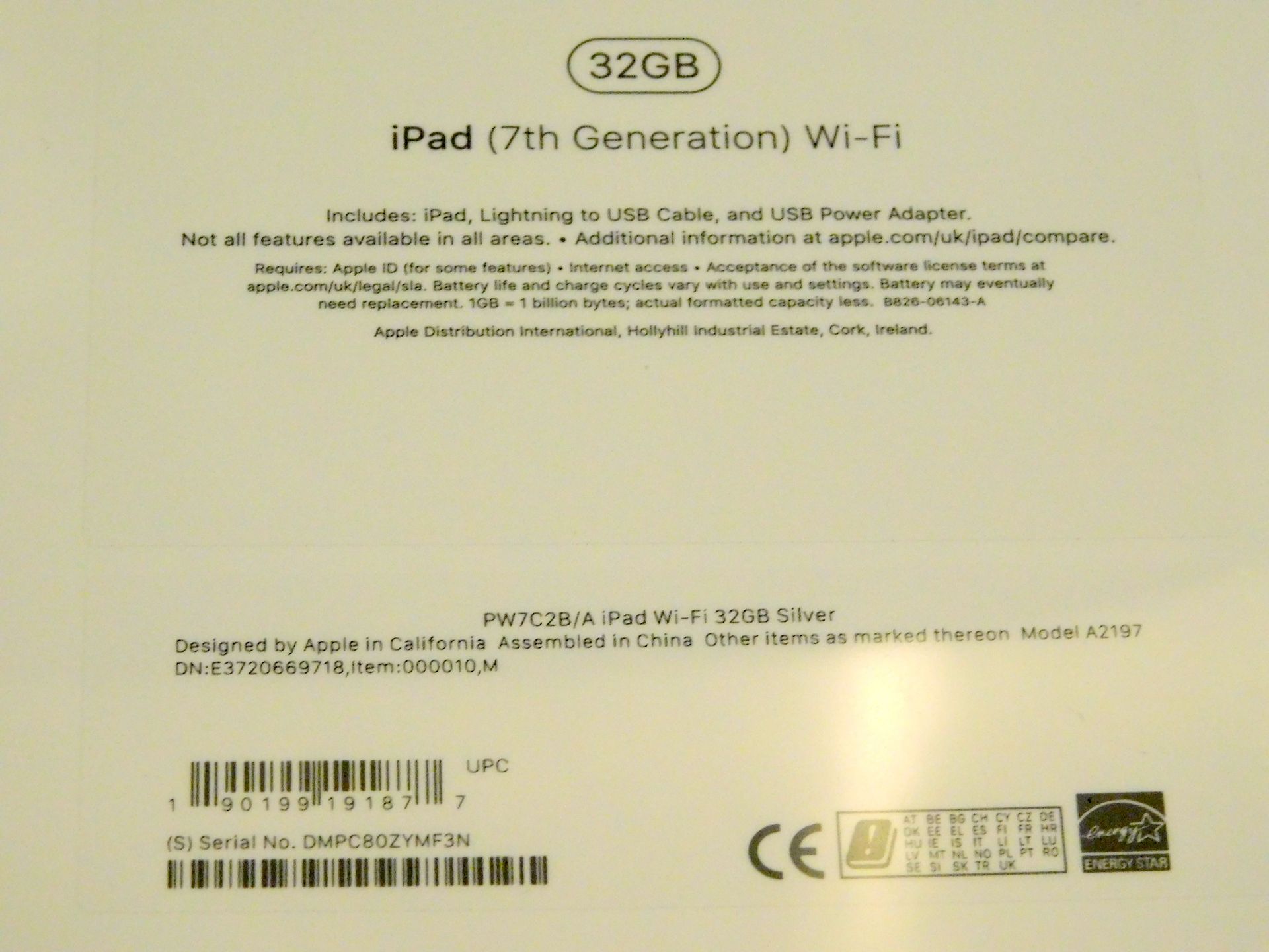 Apple A2197 iPad, 7th Gen, 32GB, Silver, Serial Number: DMPC80ZYMF3N, (New in Sealed Box) (Located - Image 2 of 2