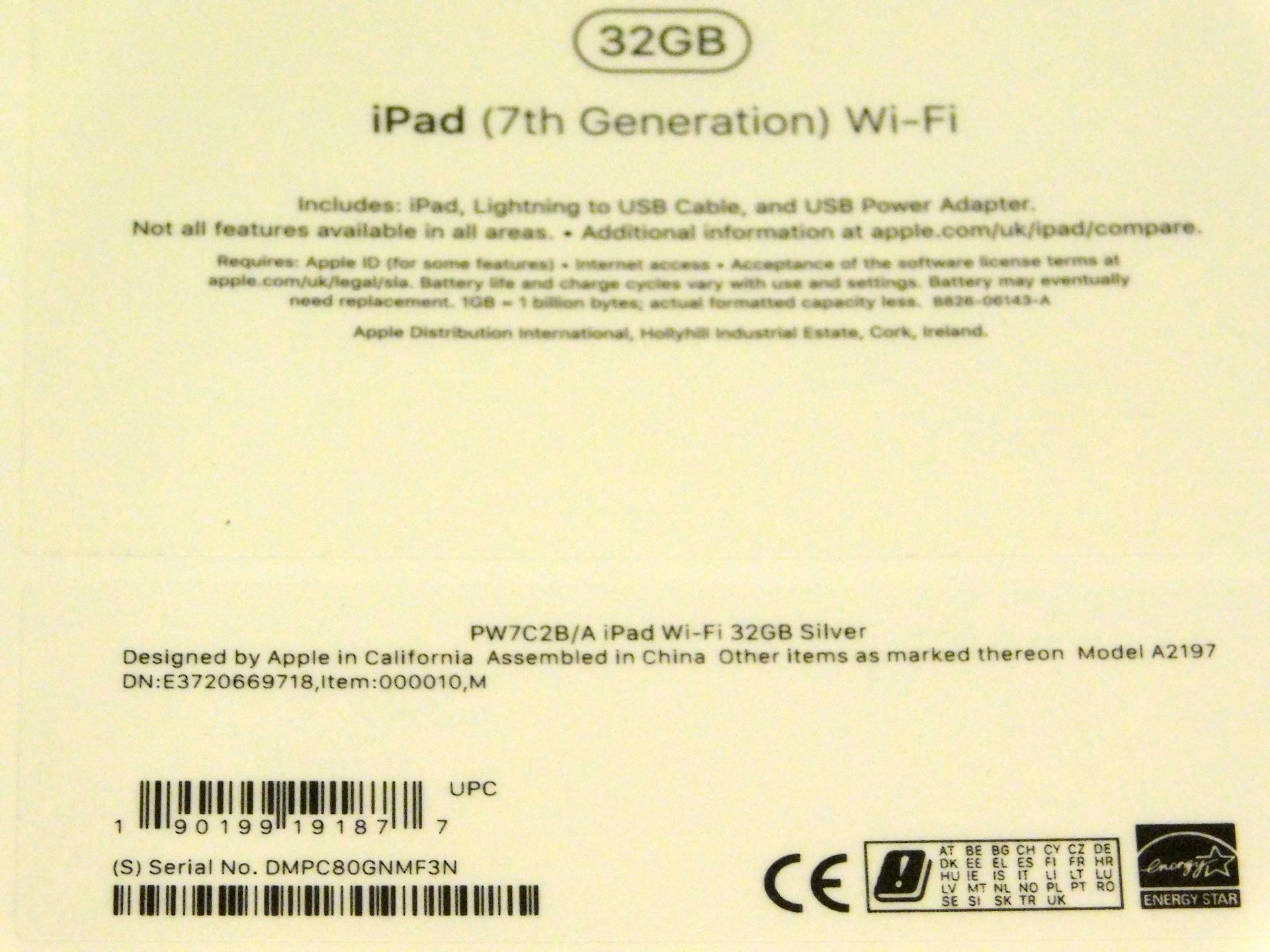 Apple A2197 iPad, 7th Gen, 32GB, Silver, Serial Number: DMPC80GNMF3N, (New in Sealed Box) (Located - Image 2 of 2
