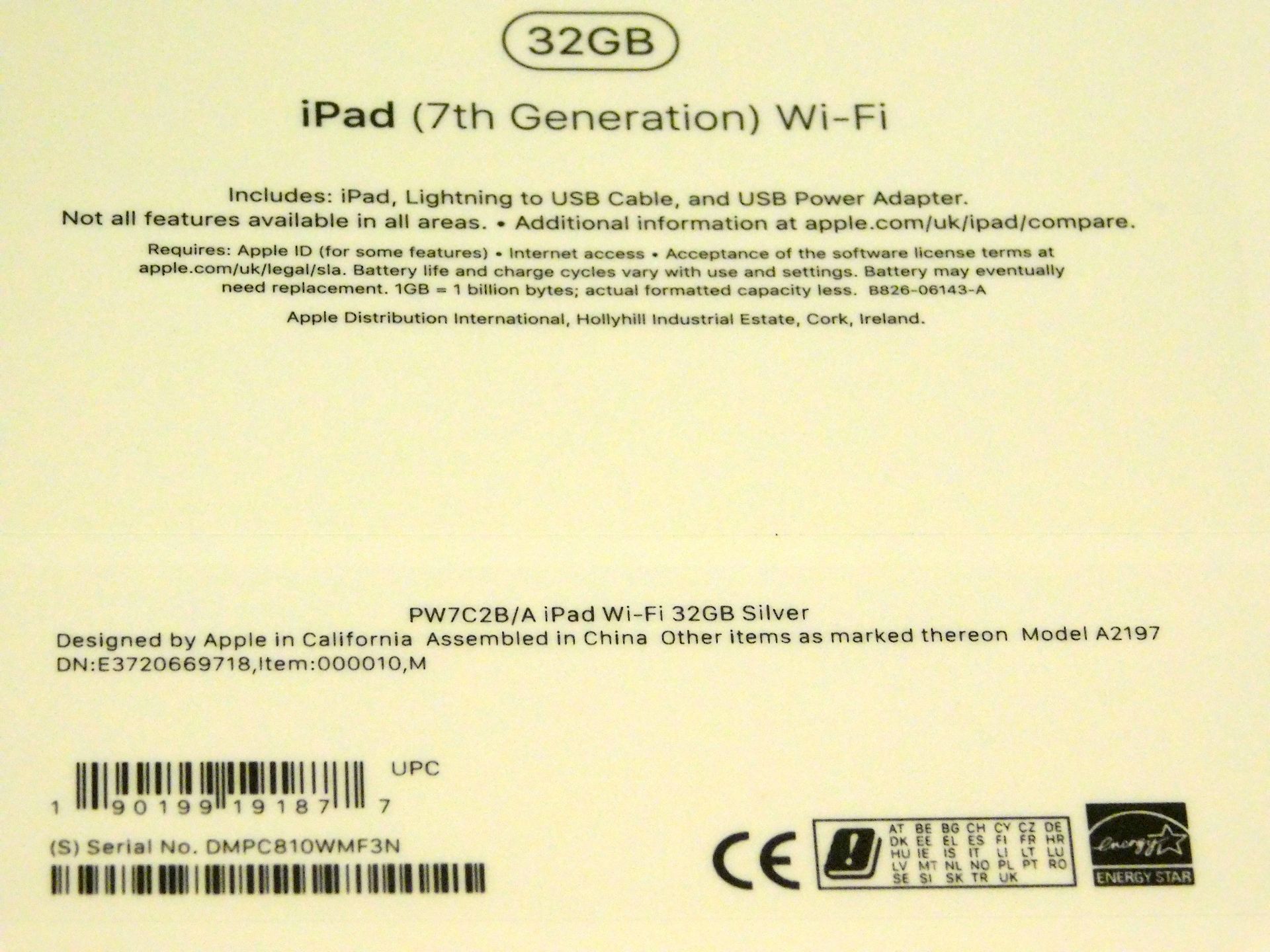Apple A2197 iPad, 7th Gen, 32GB, Silver, Serial Number: DMPC810WMF3N, (New in Sealed Box) (Located - Image 2 of 2