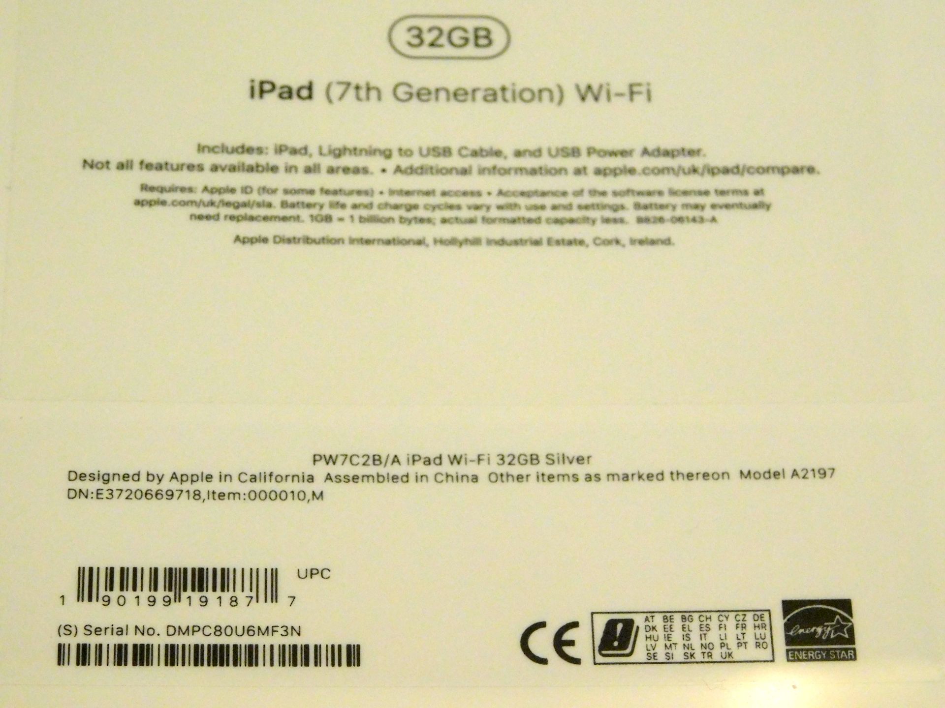 Apple A2197 iPad, 7th Gen, 32GB, Silver, Serial Number: DMPC80U6MF3N, (New in Sealed Box) (Located - Image 2 of 2