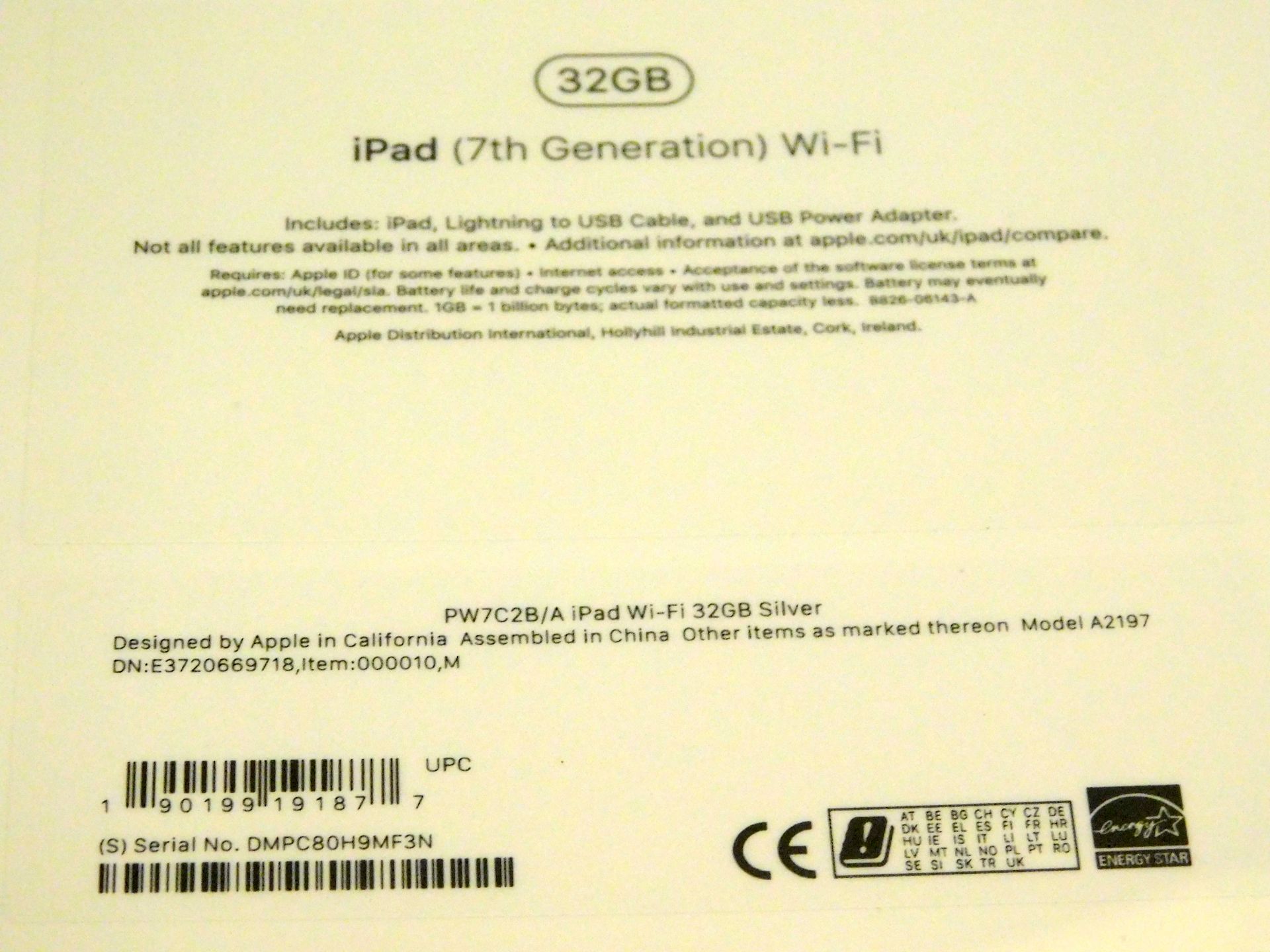 Apple A2197 iPad, 7th Gen, 32GB, Silver, Serial Number: DMPC80H9MF3N, (New in Sealed Box) (Located - Image 2 of 2