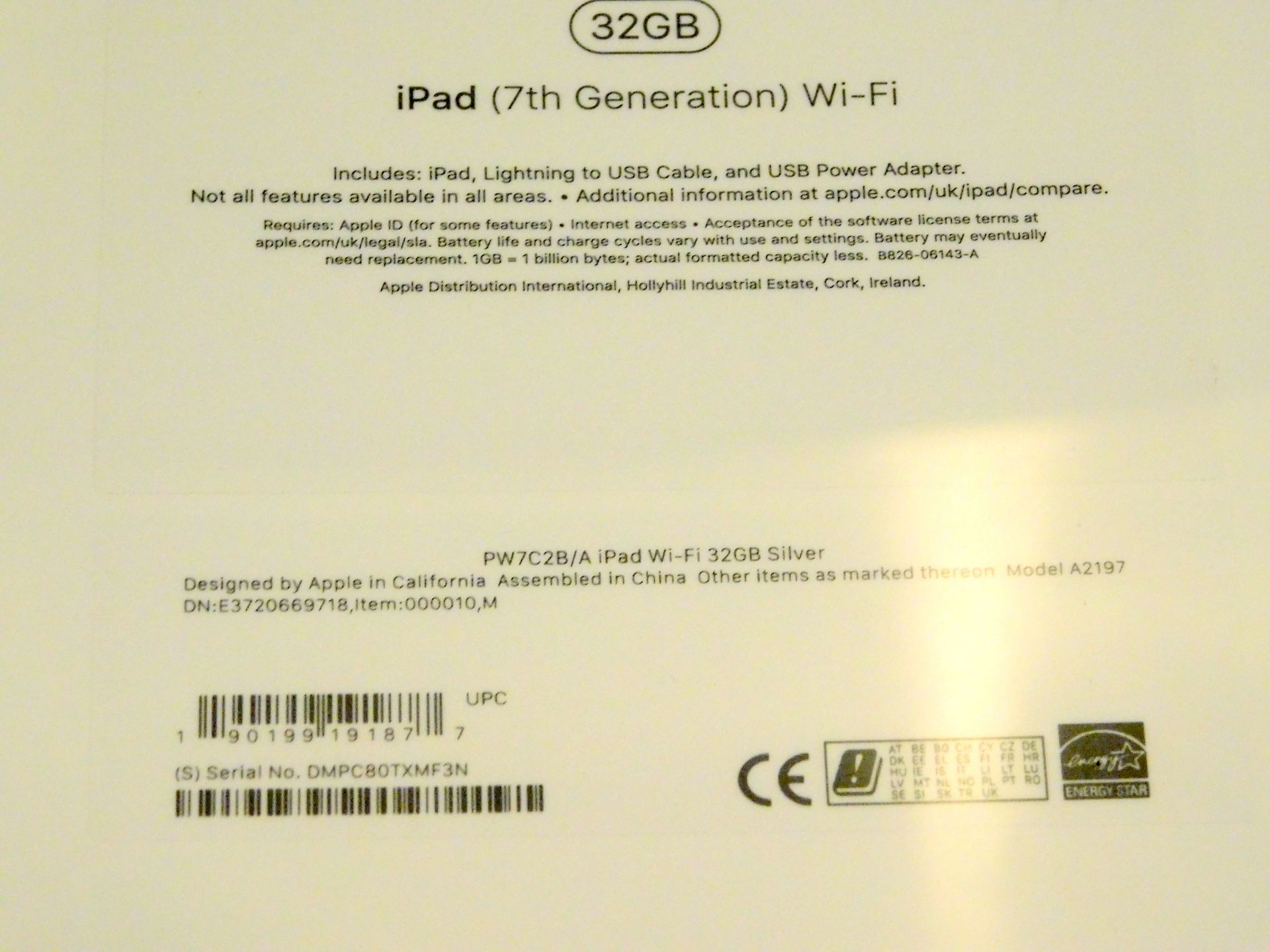 Apple A2197 iPad, 7th Gen, 32GB, Silver, Serial Number: DMPC80TXMF3N, (New in Sealed Box) (Located - Image 2 of 2