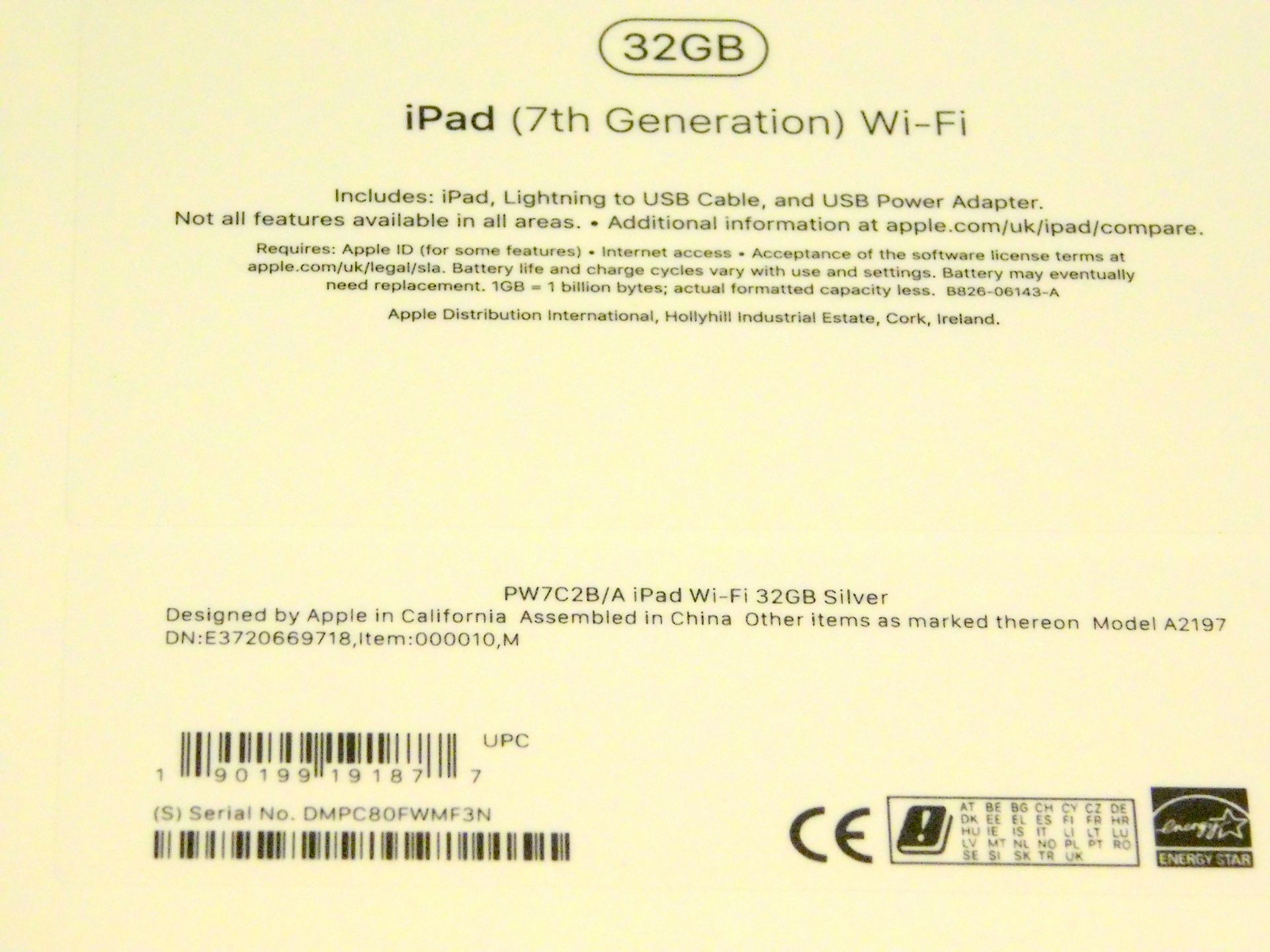 Apple A2197 iPad, 7th Gen, 32GB, Silver, Serial Number: DMPC80FWMF3N, (New in Sealed Box) (Located - Image 2 of 2