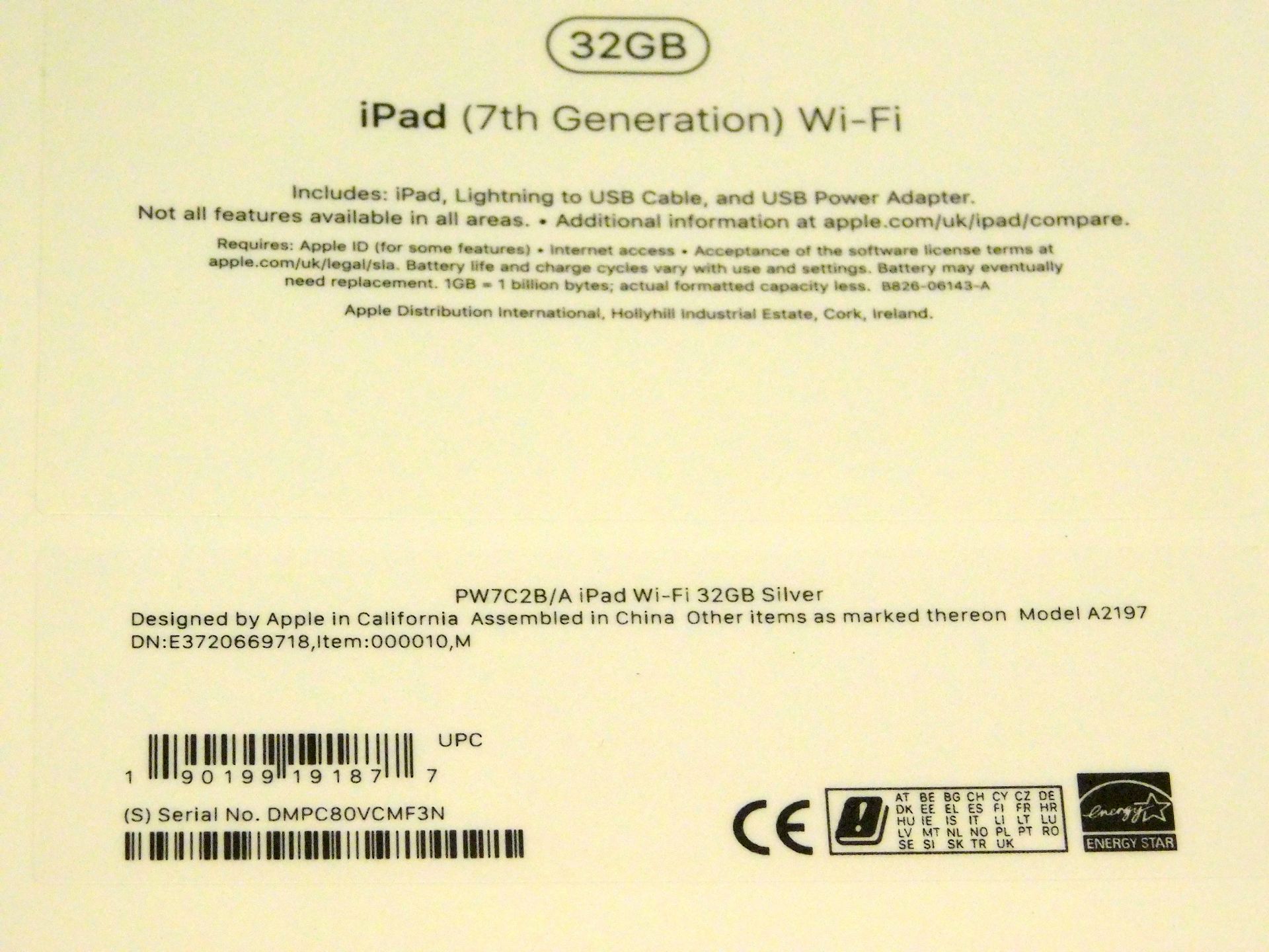 Apple A2197 iPad, 7th Gen, 32GB, Silver, Serial Number: DMPC80VCMF3N, (New in Sealed Box) (Located - Image 2 of 2