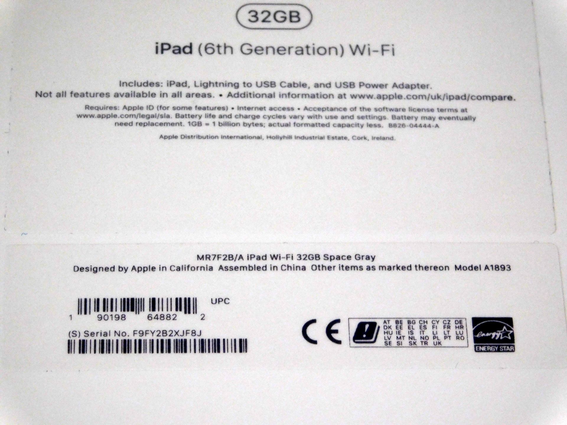 Apple A1893 iPad, 6th Gen, 32GB, Space Grey, Serial Number: F9FY2B2XJF8J, (New in Box) (Located - Image 2 of 2