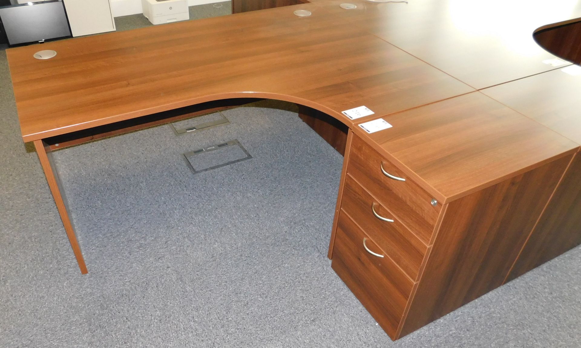 American Walnut Effect Shaped Workstation 160cm x 120cm with Matching 3-Drawer Pedestal (Located