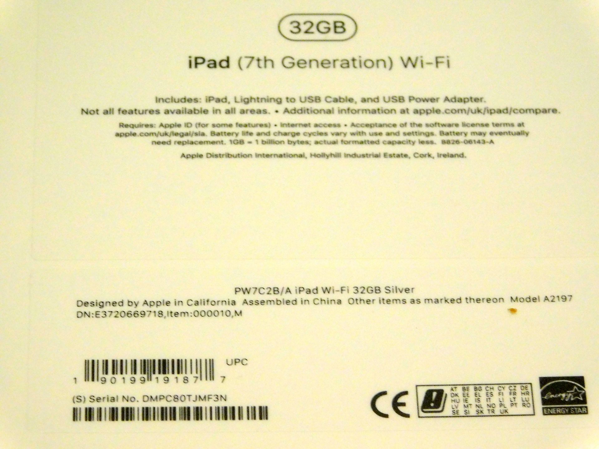 Apple A2197 iPad, 7th Gen, 32GB, Silver, Serial Number: DMPC80TJMF3N, (New in Sealed Box) (Located - Image 2 of 2