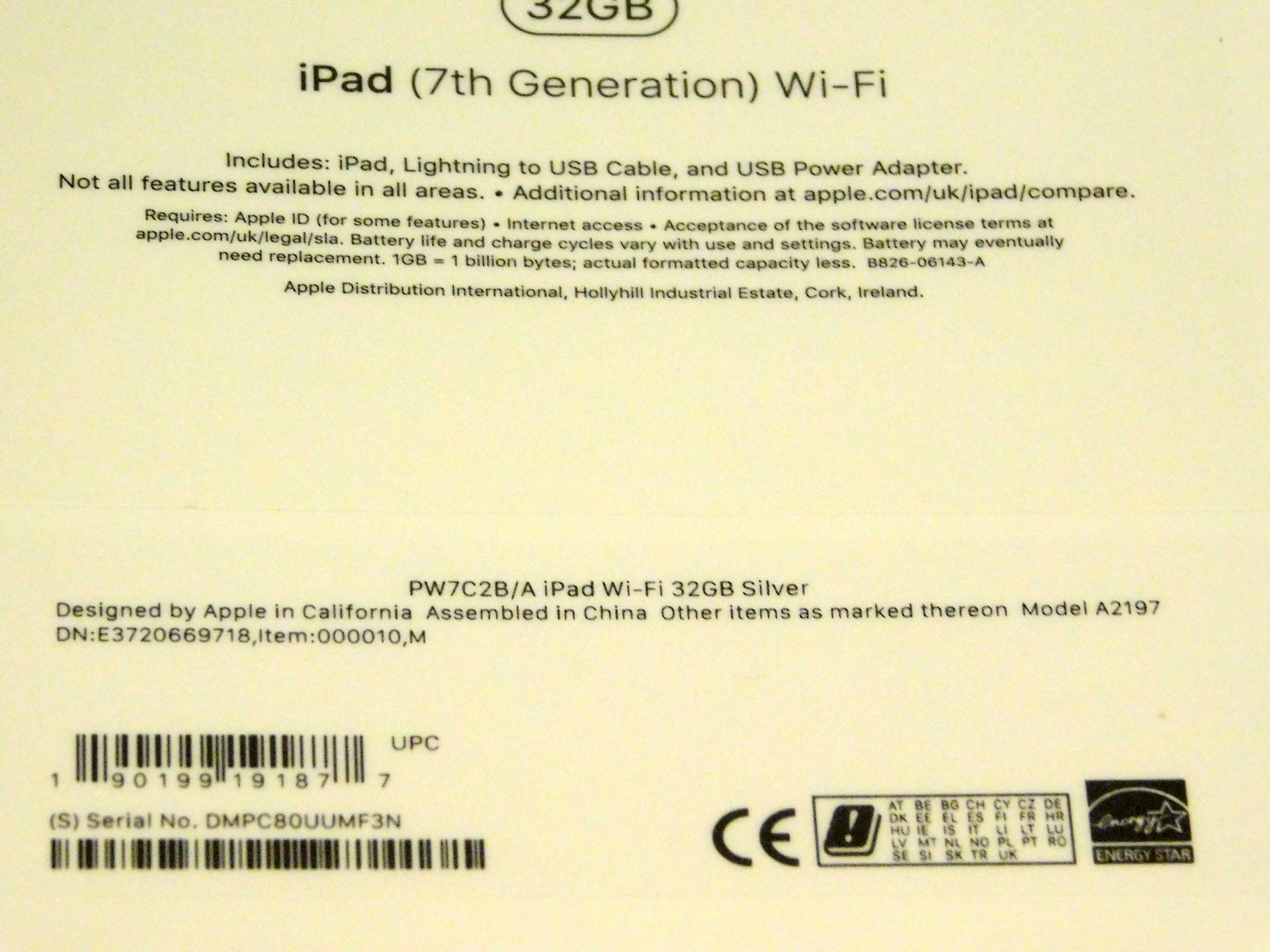 Apple A2197 iPad, 7th Gen, 32GB, Silver, Serial Number: DMPC80UUMF3N, (New in Sealed Box) (Located - Image 2 of 2