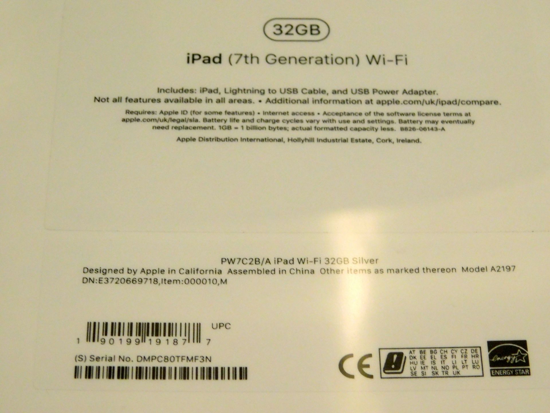 Apple A2197 iPad, 7th Gen, 32GB, Silver, Serial Number: DMPC80TFMF3N, (New in Sealed Box) (Located - Image 2 of 2