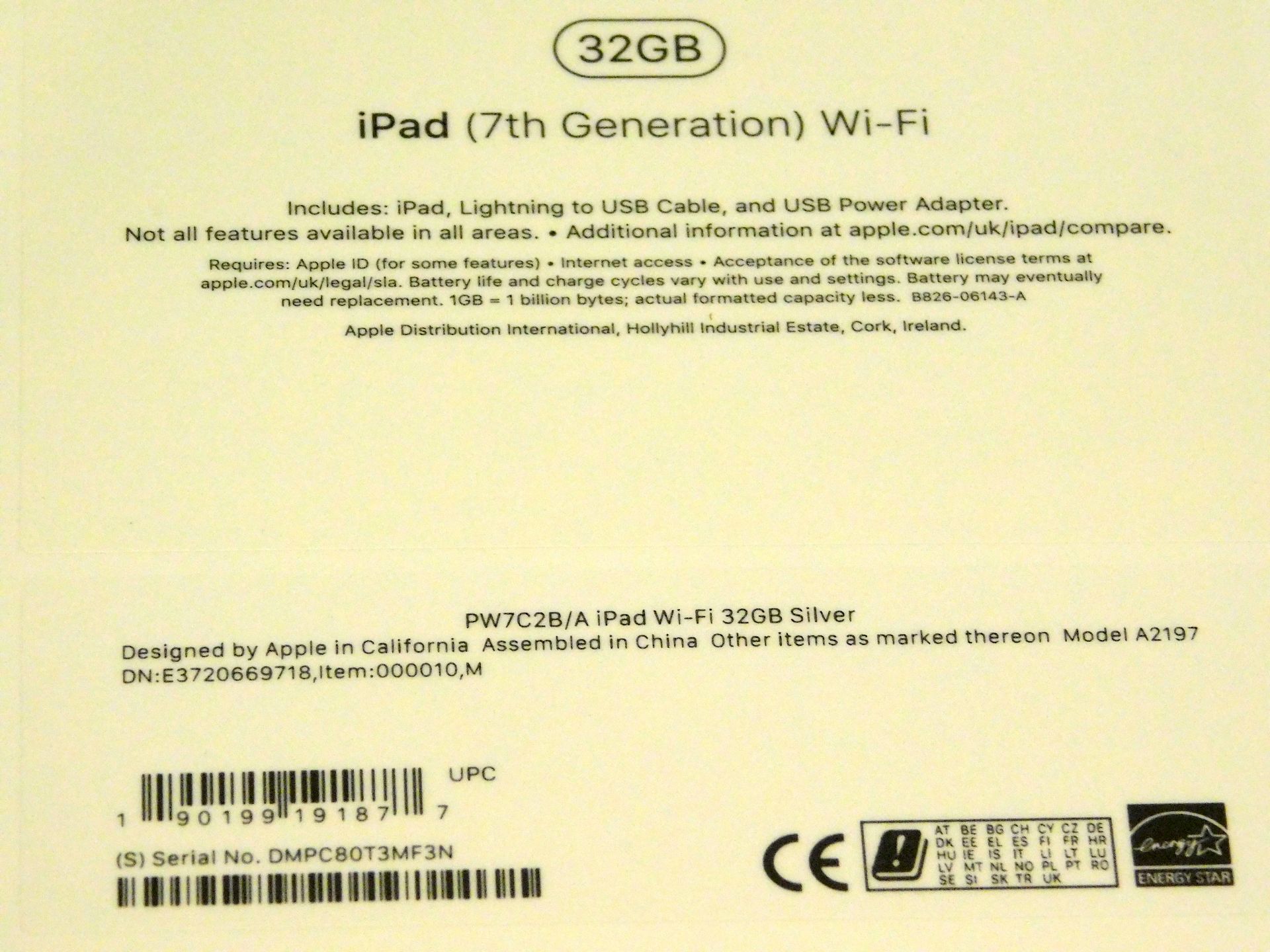 Apple A2197 iPad, 7th Gen, 32GB, Silver, Serial Number: DMPC80T3MF3N, (New in Sealed Box) (Located - Image 2 of 2