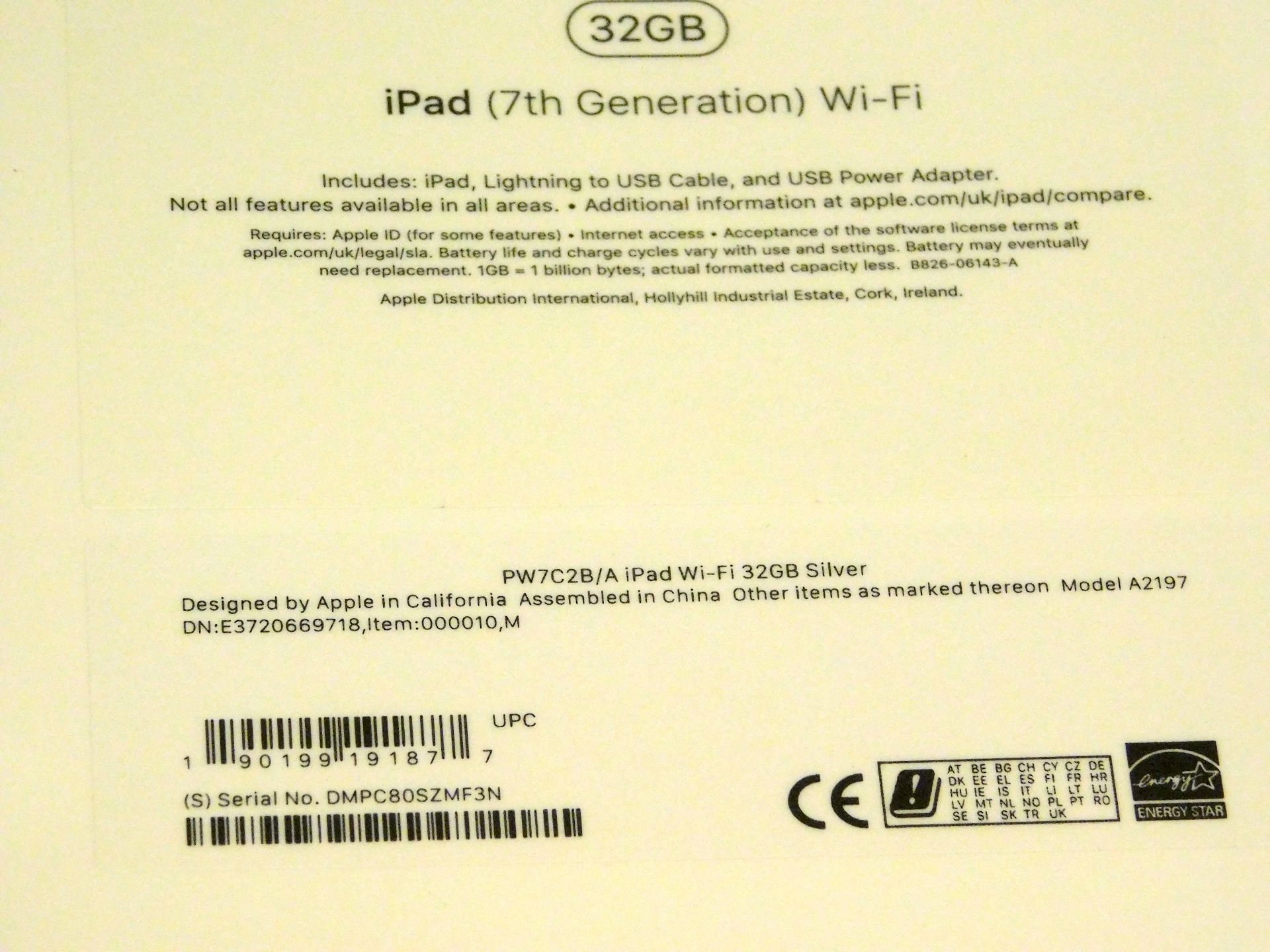 Apple A2197 iPad, 7th Gen, 32GB, Silver, Serial Number: DMPC80SZMF3N, (New in Sealed Box) (Located - Image 2 of 2