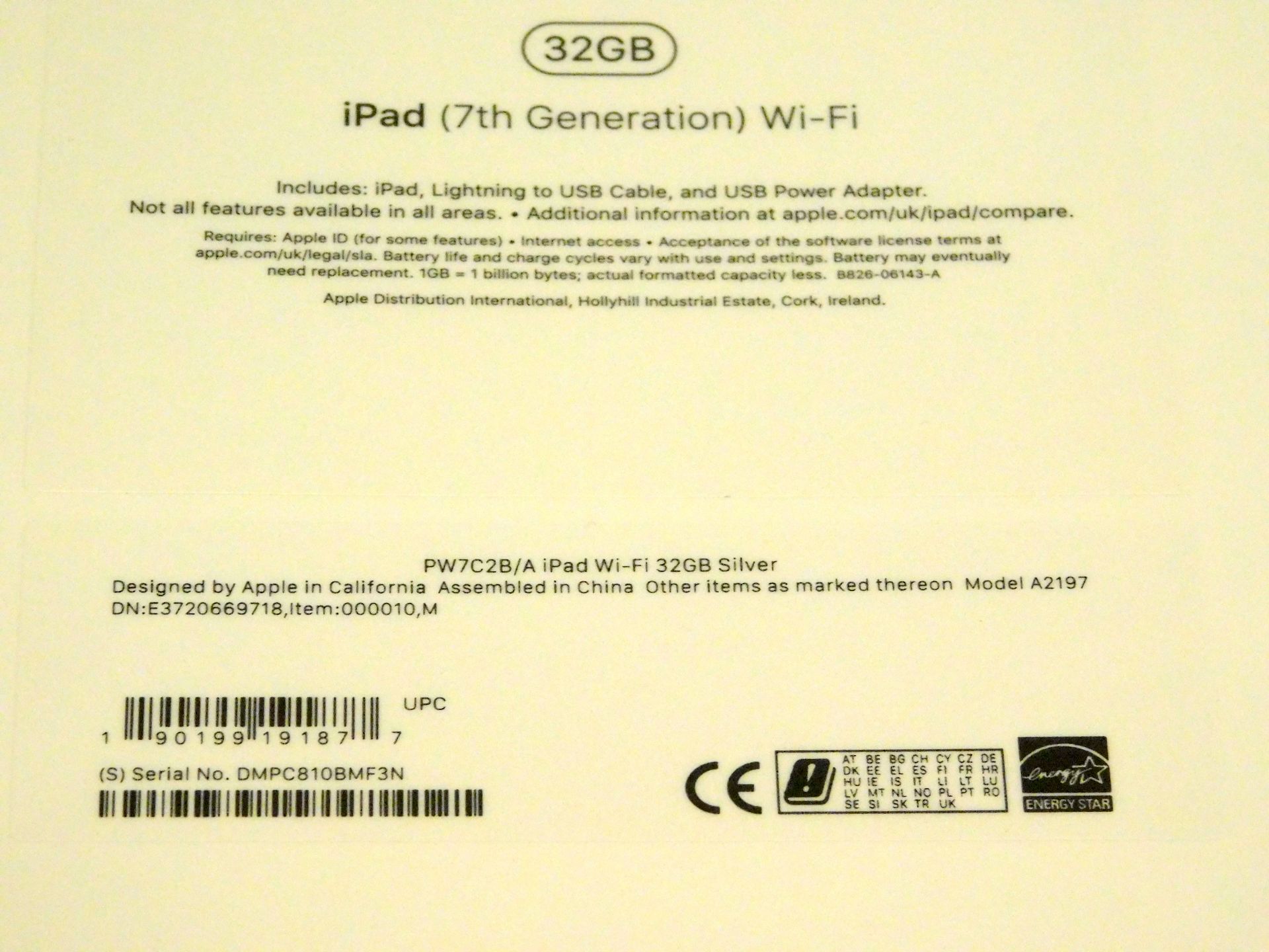 Apple A2197 iPad, 7th Gen, 32GB, Silver, Serial Number: DMPC810BMF3N, (New in Sealed Box) (Located - Image 2 of 2