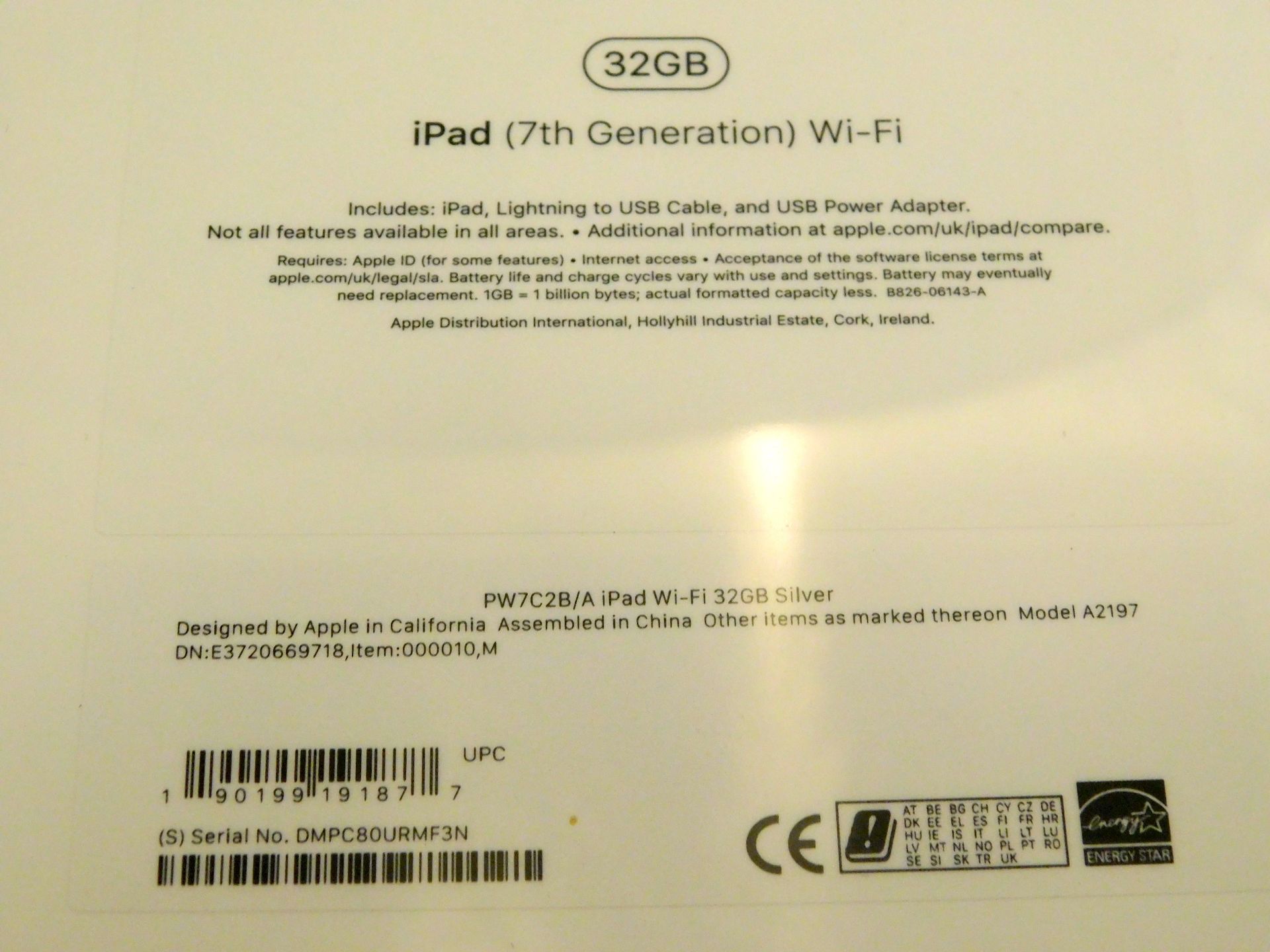 Apple A2197 iPad, 7th Gen, 32GB, Silver, Serial Number: DMPC80URMF3N, (New in Sealed Box) (Located - Image 2 of 2