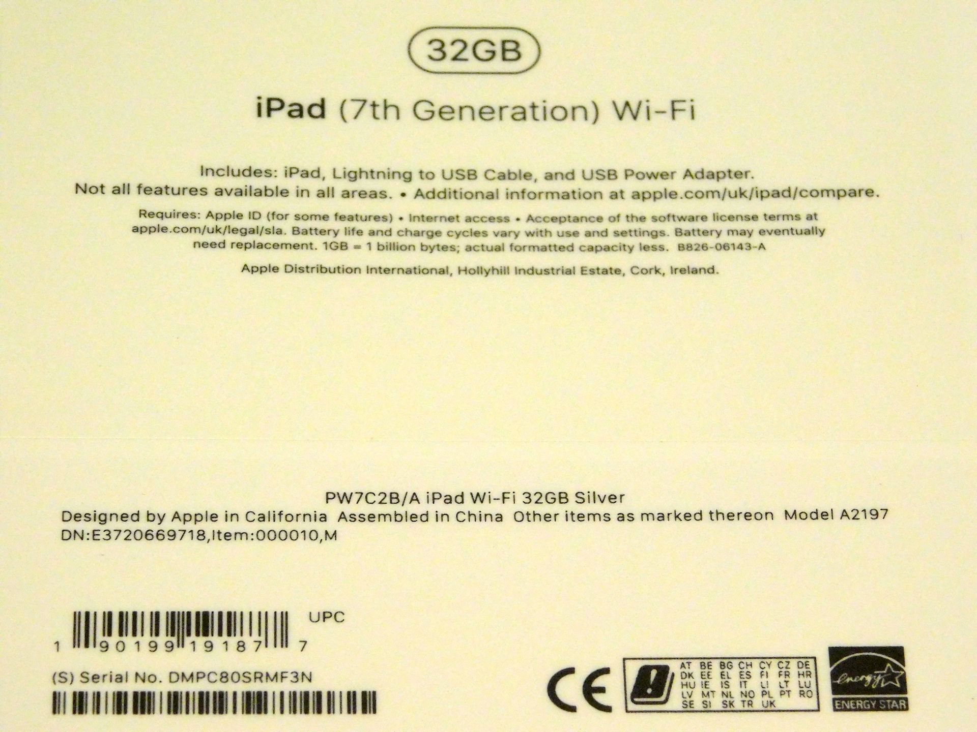 Apple A2197 iPad, 7th Gen, 32GB, Silver, Serial Number: DMPC80SRMF3N, (New in Sealed Box) (Located - Image 2 of 2