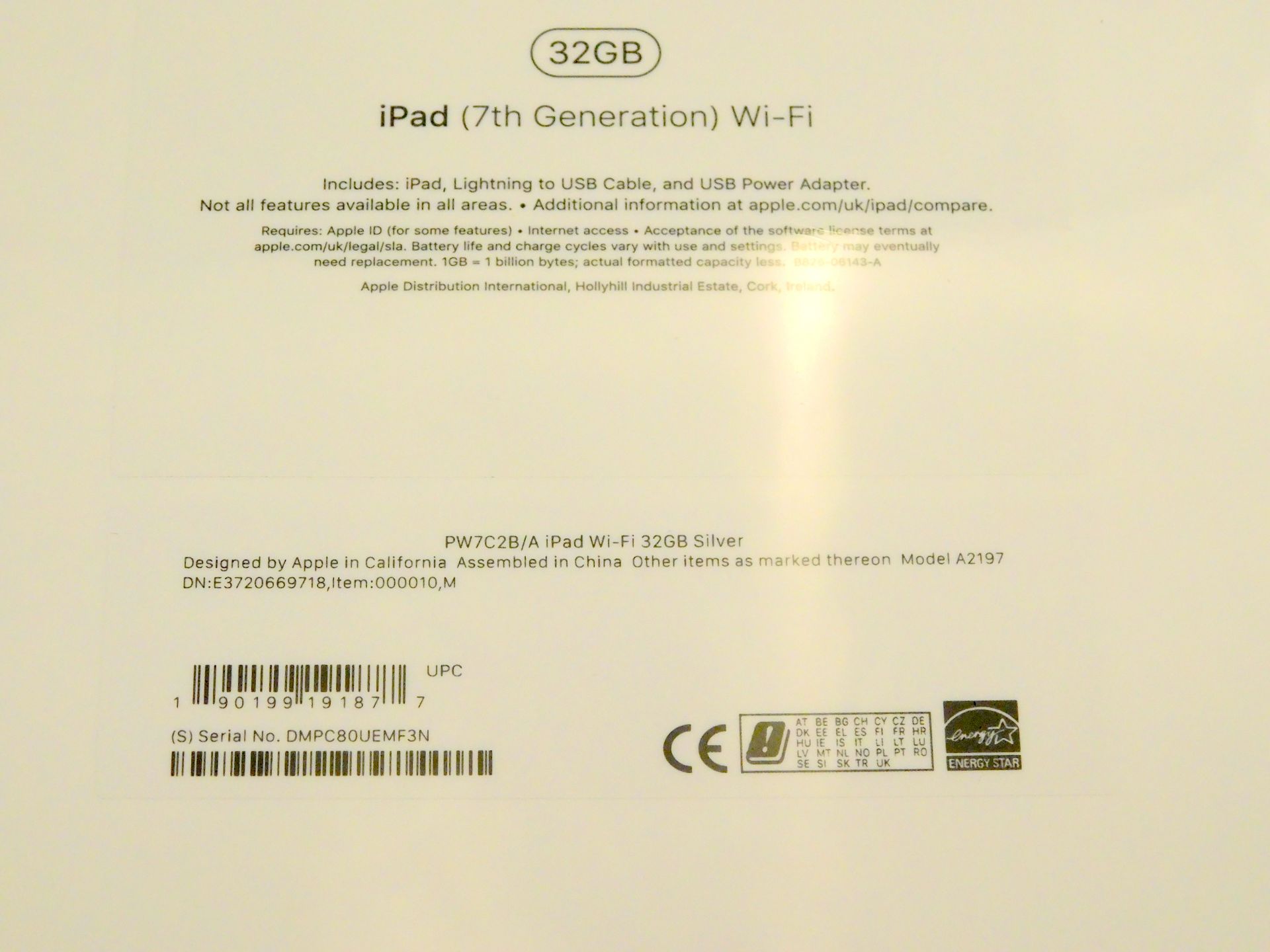 Apple A2197 iPad, 7th Gen, 32GB, Silver, Serial Number: DMPC80UEMF3N, (New in Sealed Box) (Located - Image 2 of 2