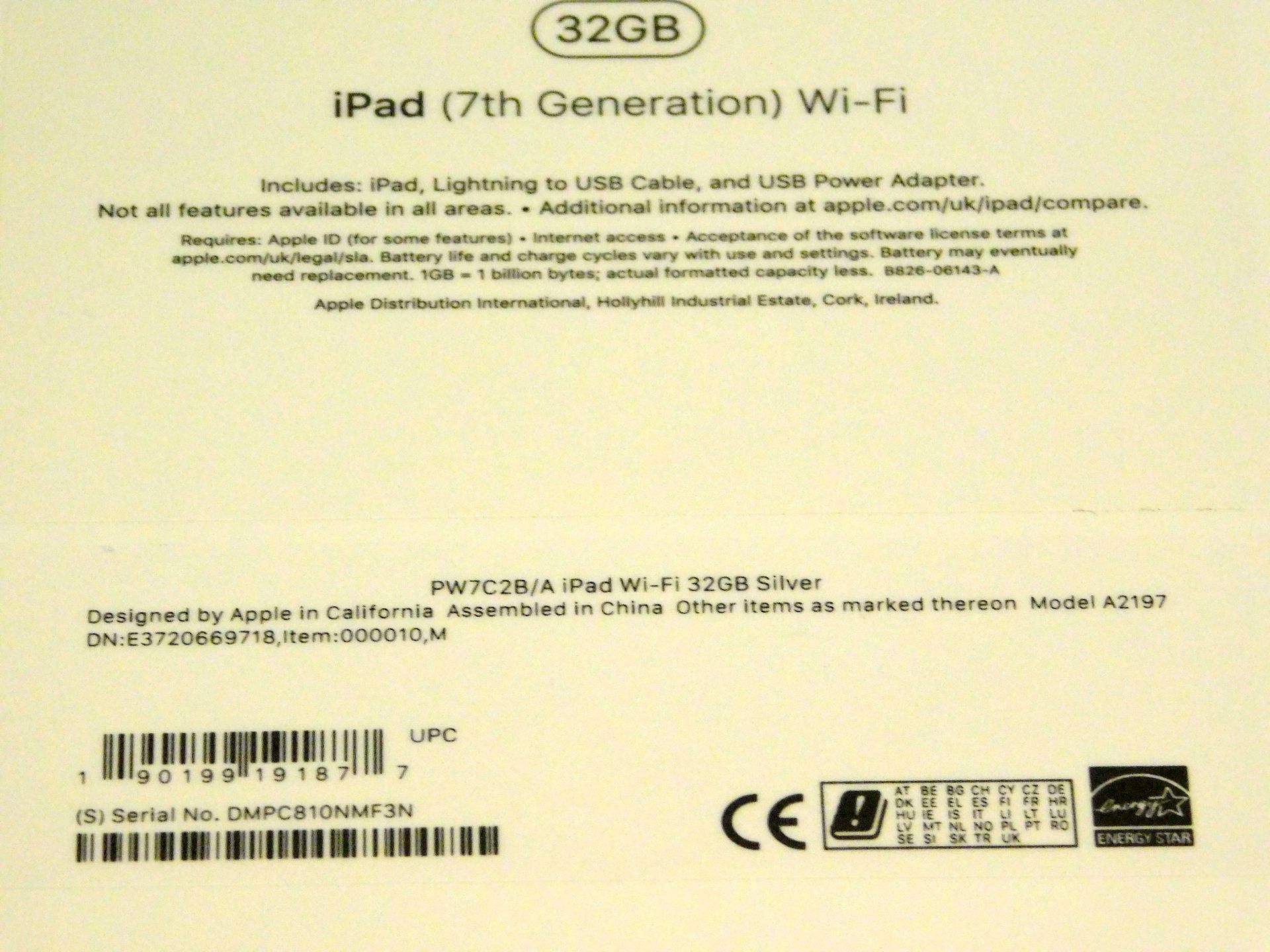 Apple A2197 iPad, 7th Gen, 32GB, Silver, Serial Number: DMPC810NMF3N, (New in Sealed Box) (Located - Image 2 of 2