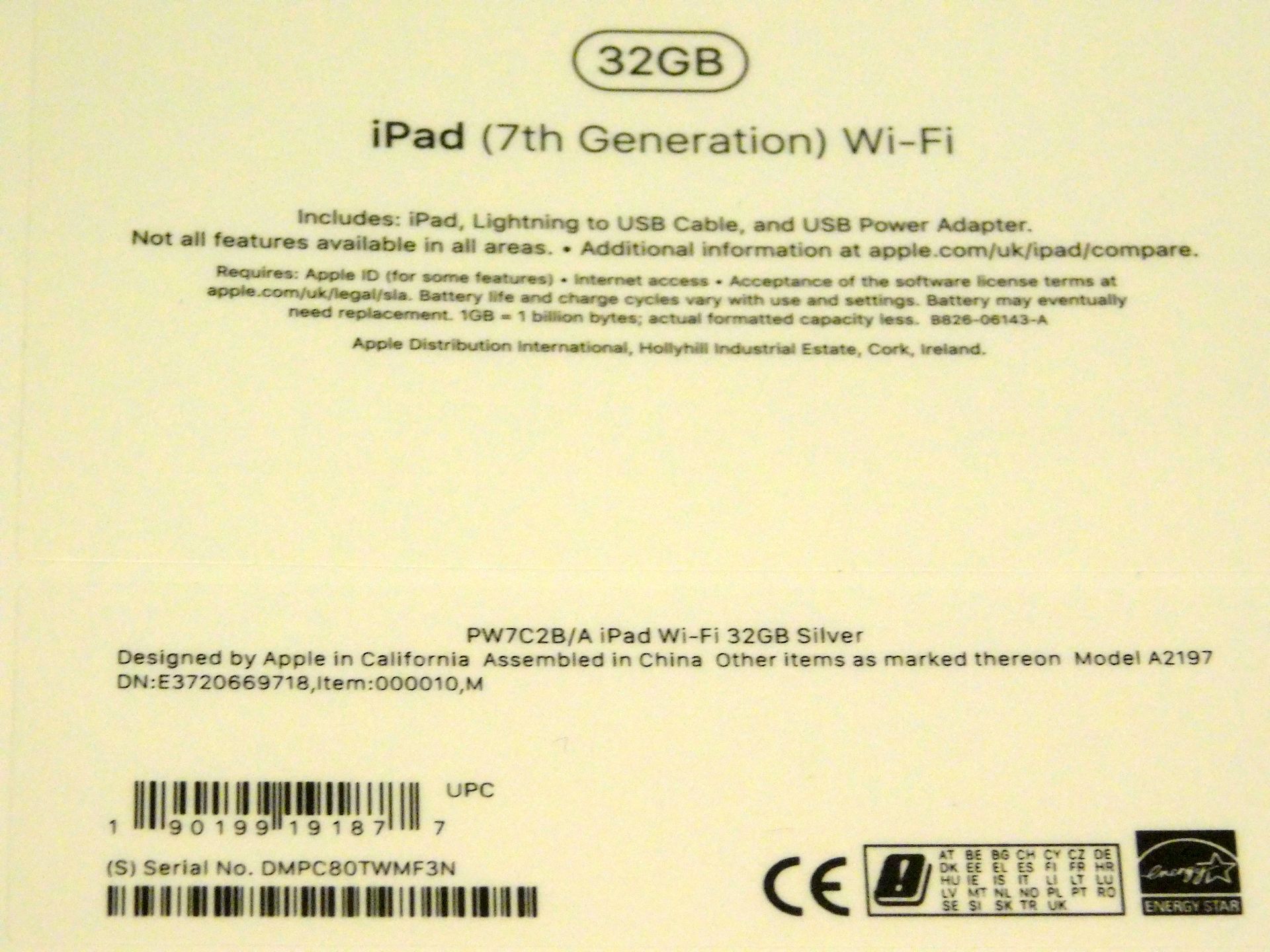 Apple A2197 iPad, 7th Gen, 32GB, Silver, Serial Number: DMPC80TWMF3N, (New in Sealed Box) (Located - Image 2 of 2