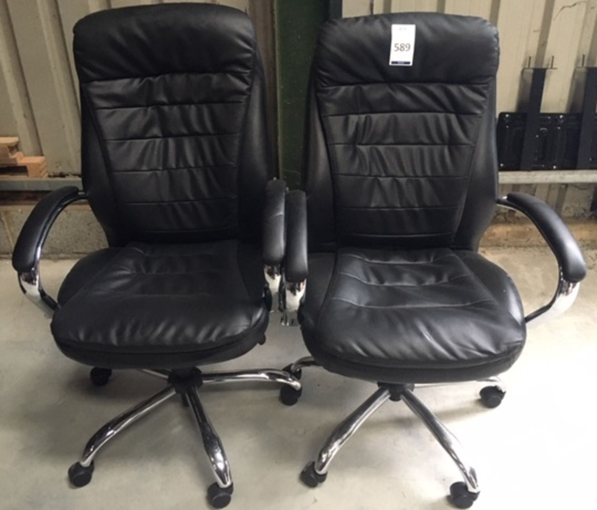 2 High Back Revolving & Reclining Armchairs in Black Leather Effect Upholstery (Located