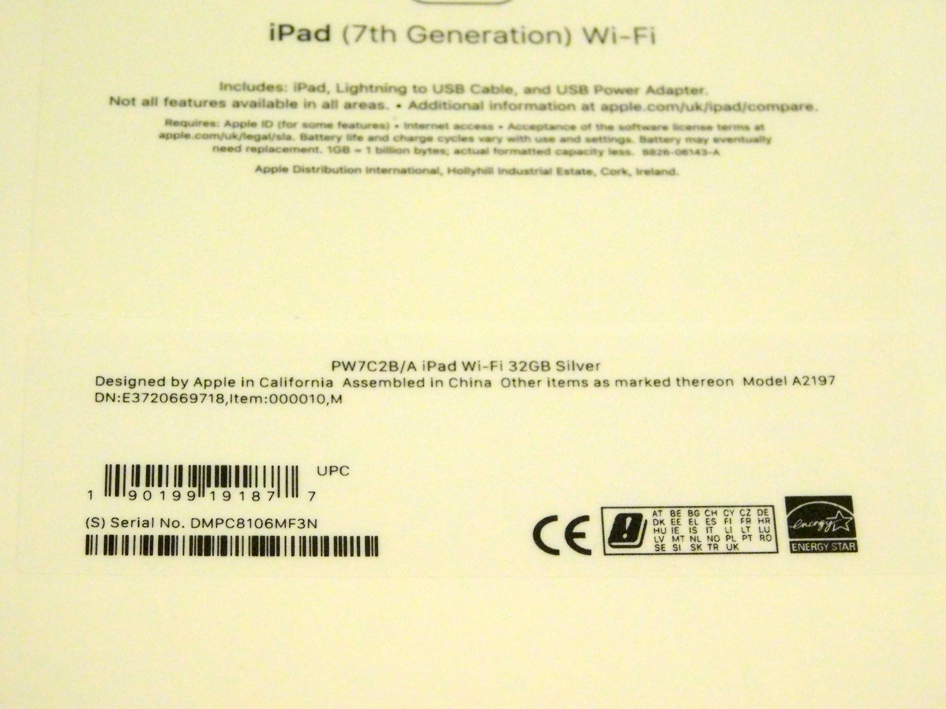 Apple A2197 iPad, 7th Gen, 32GB, Silver, Serial Number: DMPC8106MF3N, (New in Sealed Box) (Located - Image 2 of 2